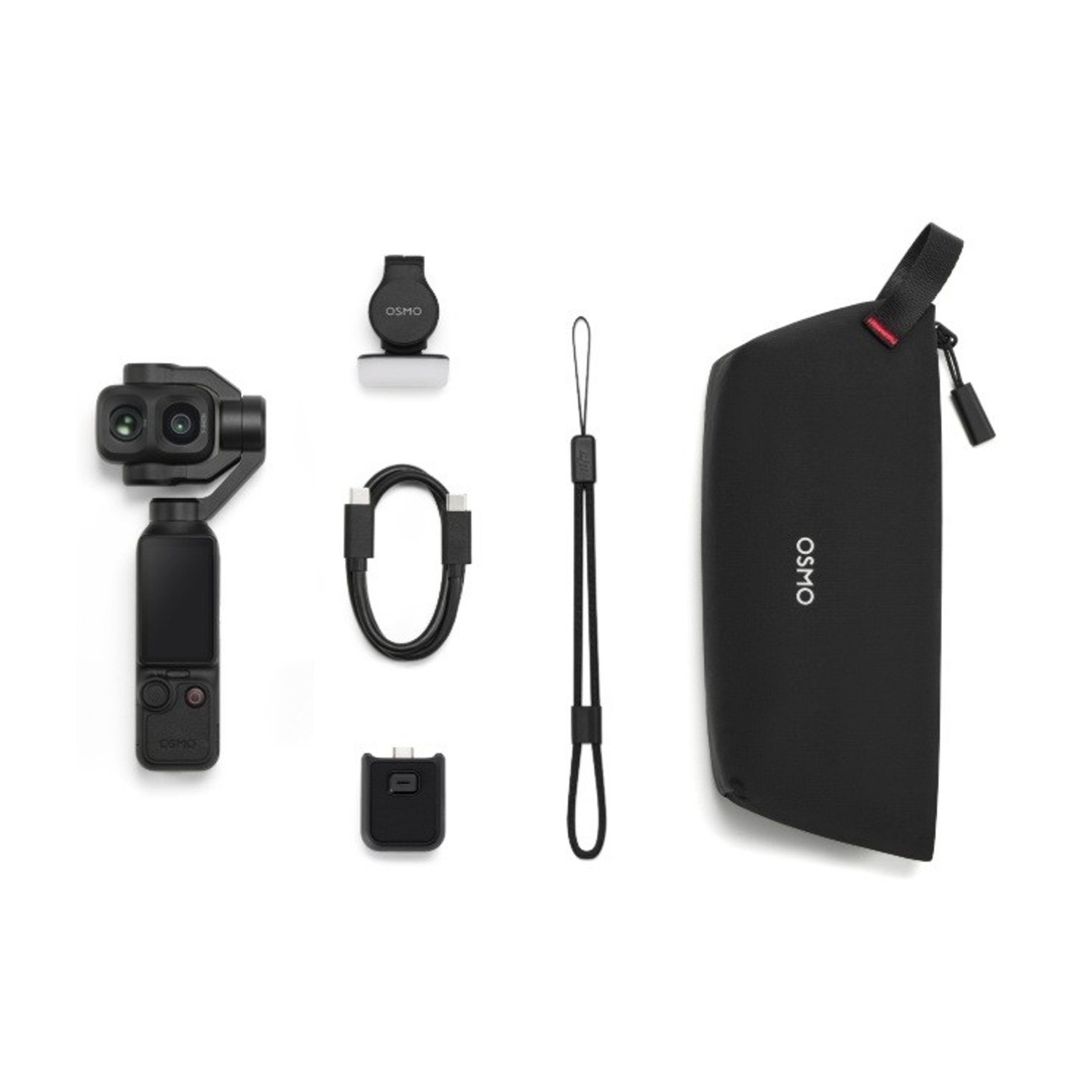 Un set di fotocamere Osmo nero con accessori su sfondo bianco.