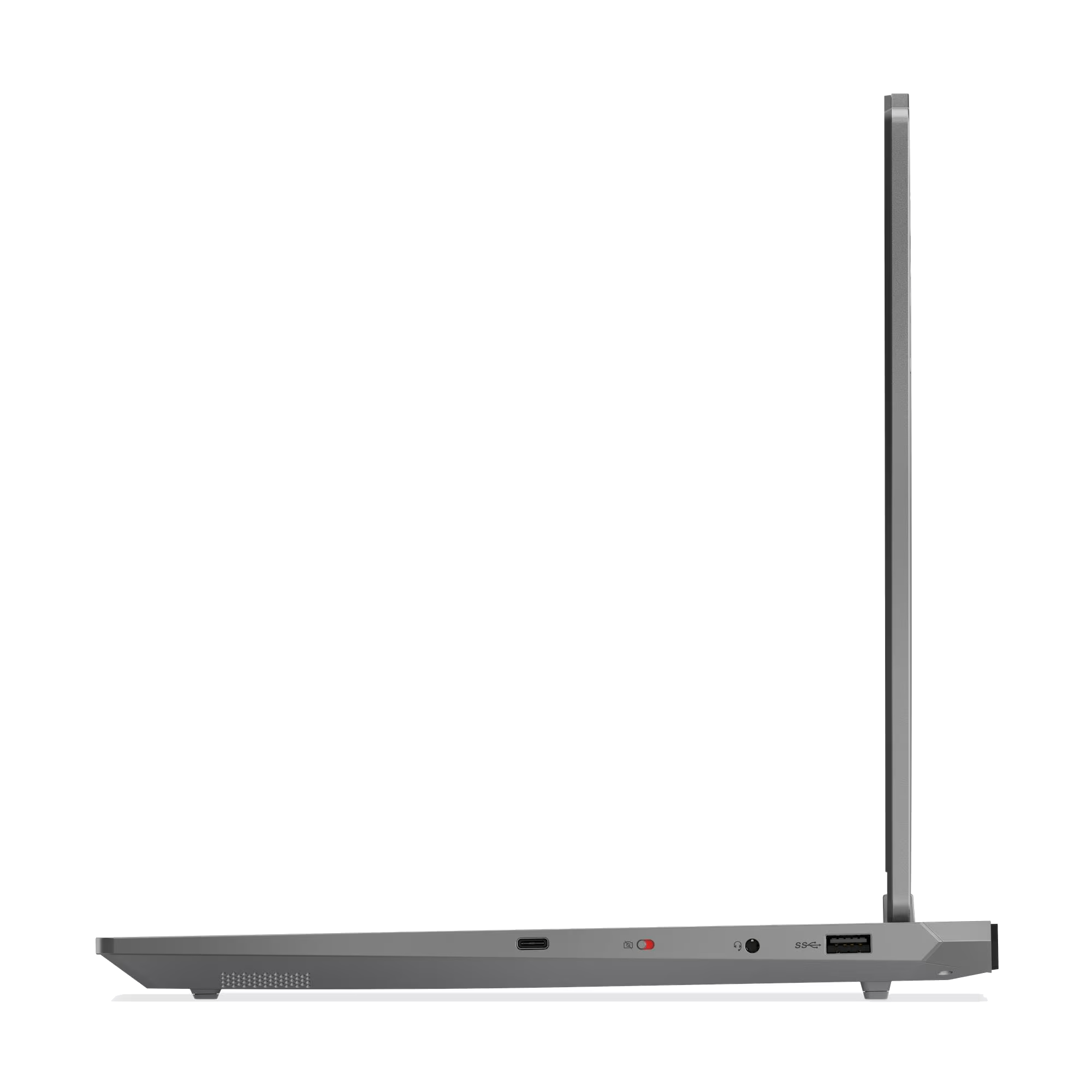Portátil gris, vista lateral, muestra puertos: USB, auriculares, carga.