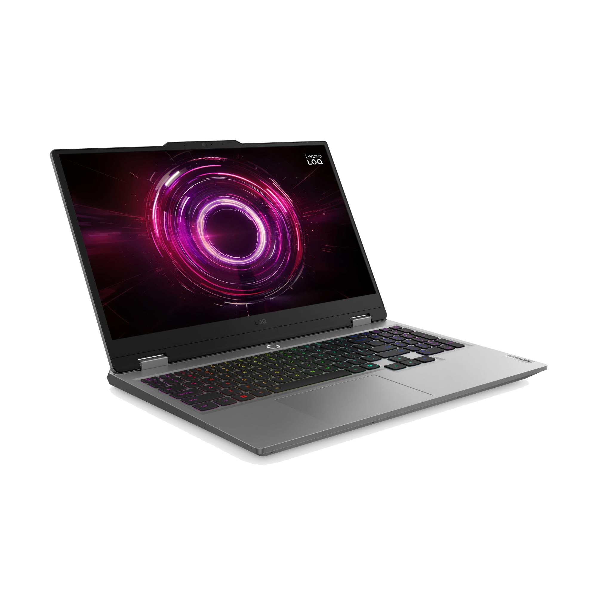 Un portátil plateado con teclado retroiluminado y fondo abstracto.