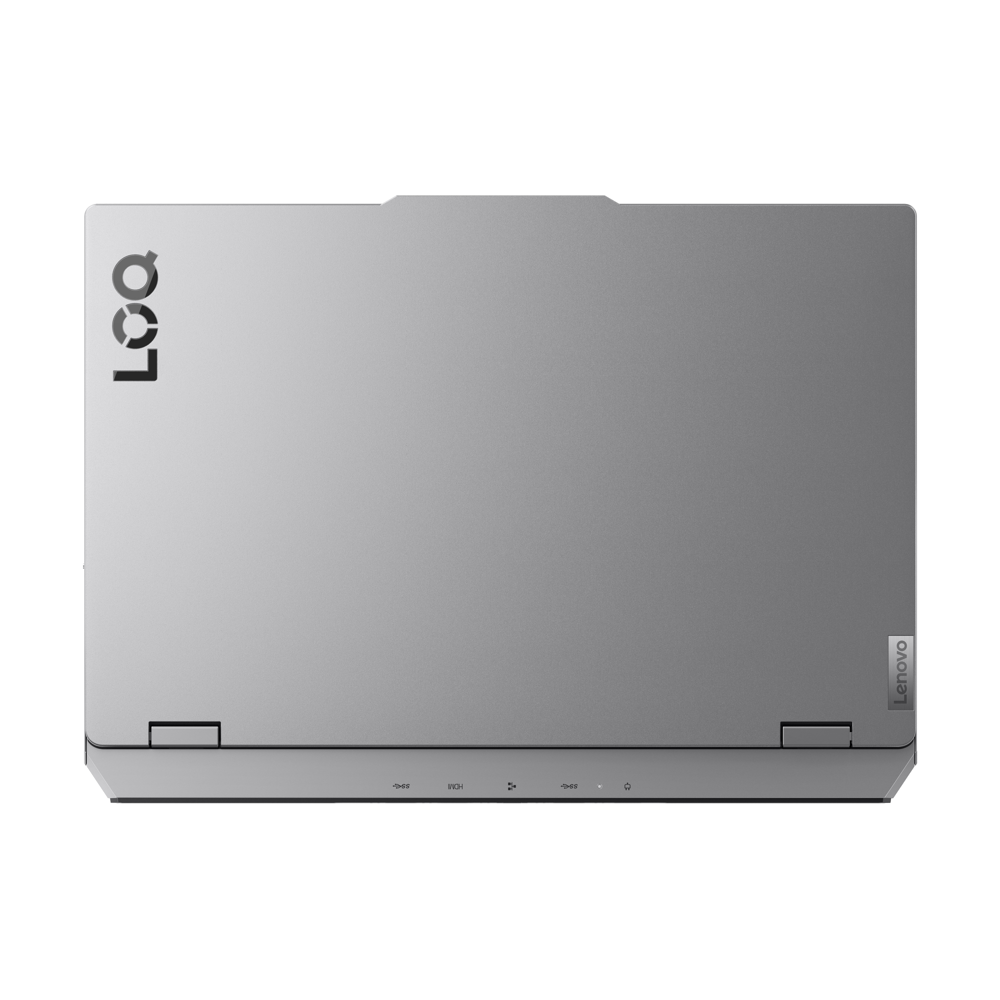 Portátil gris con logo LOQ a la izquierda y texto Lenovo a la derecha.