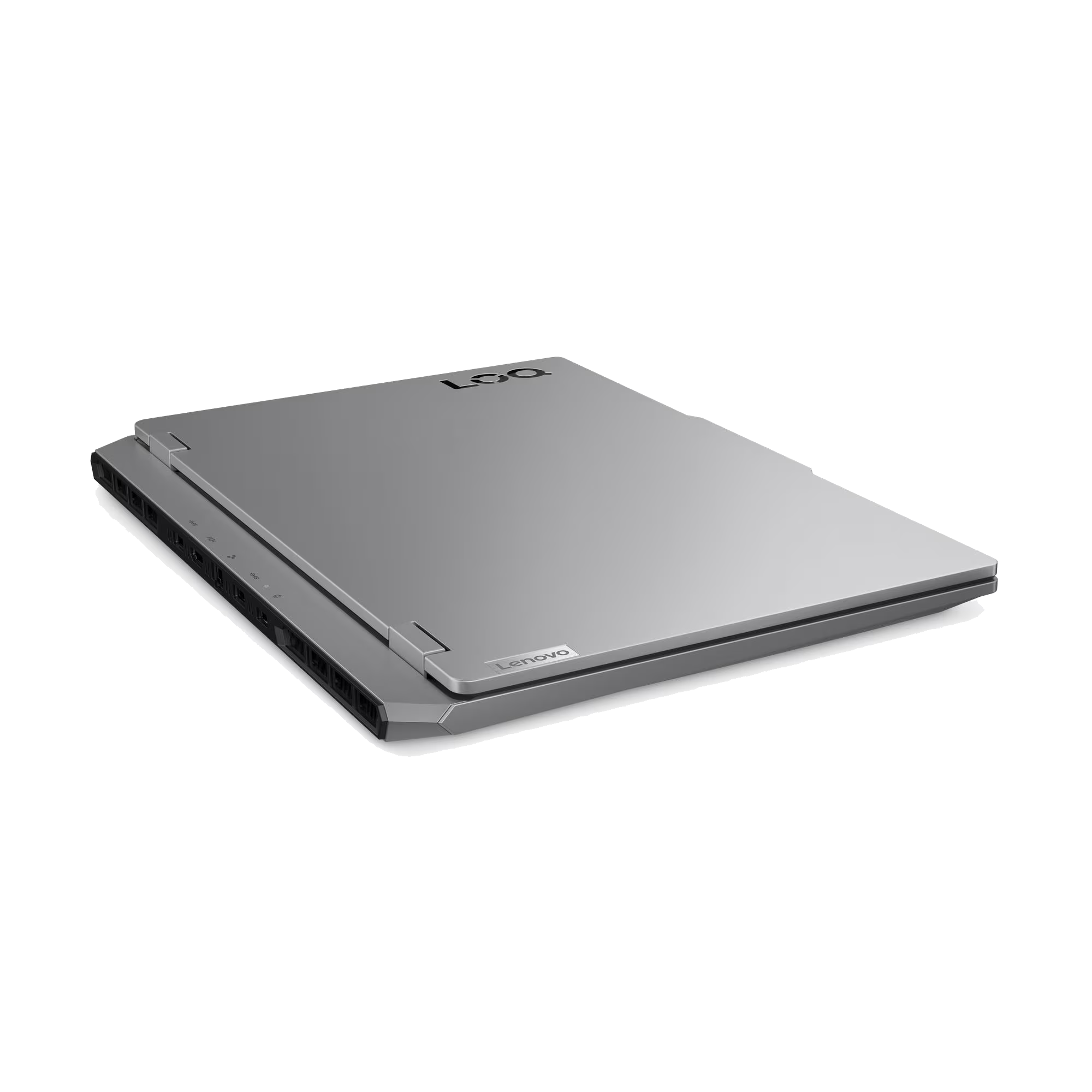 Un portátil Lenovo plateado cerrado con logo LOQ. Puertos visibles en el lateral.