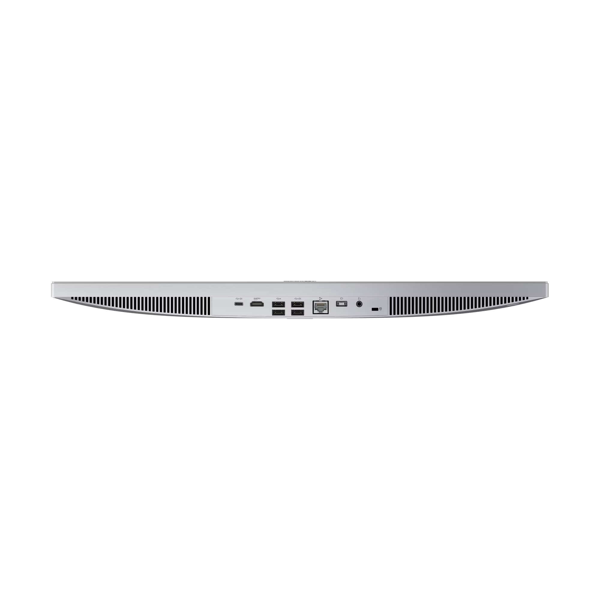 Vista trasera de un monitor plateado mostrando puertos: USB-C, HDMI, USB-A, Ethernet, Audio.
