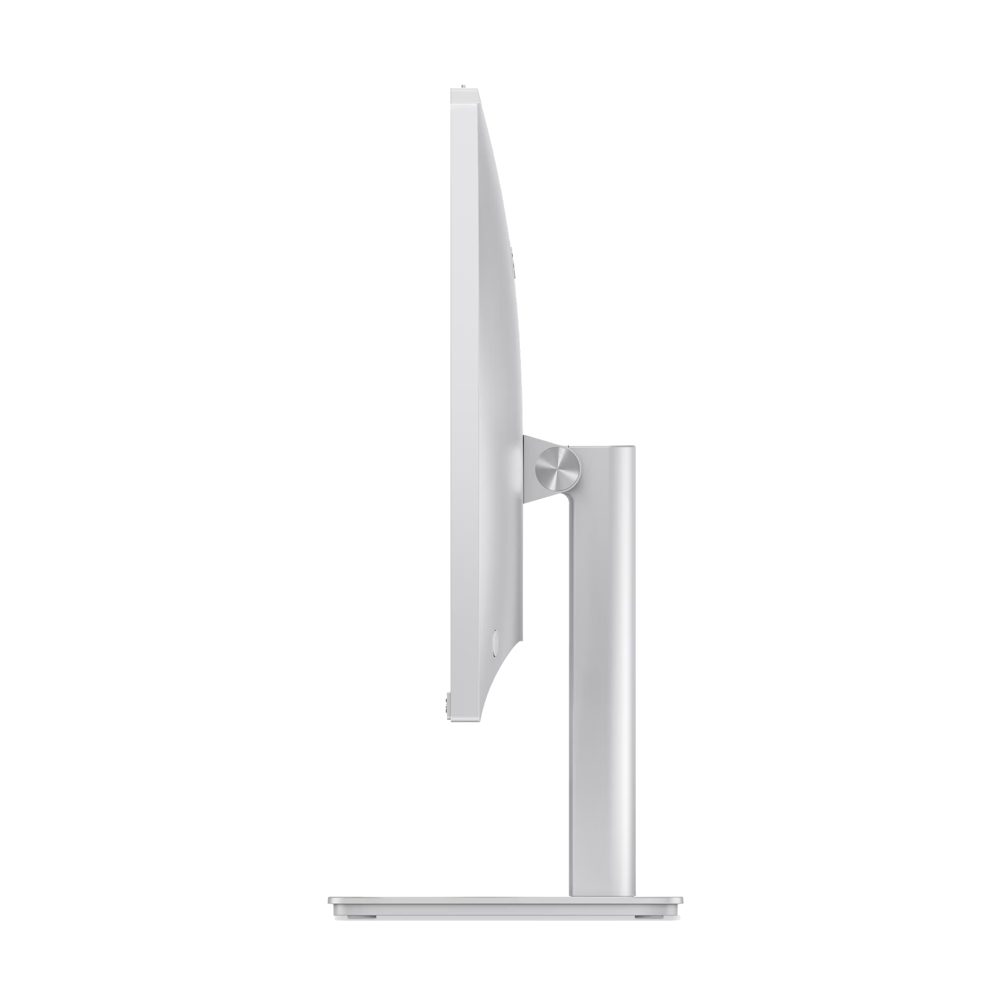 Un monitor blanco y elegante visto de lado, con un pivote plateado en su soporte.
