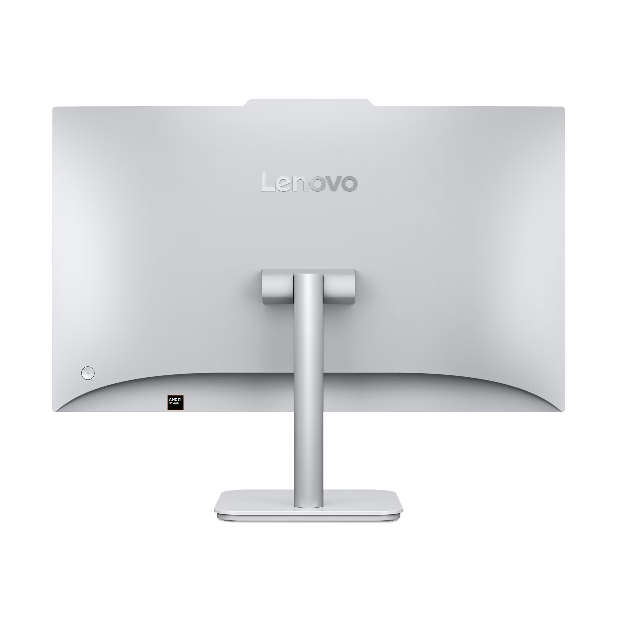 Reverso de un monitor Lenovo blanco con soporte plateado y logo AMD Ryzen.