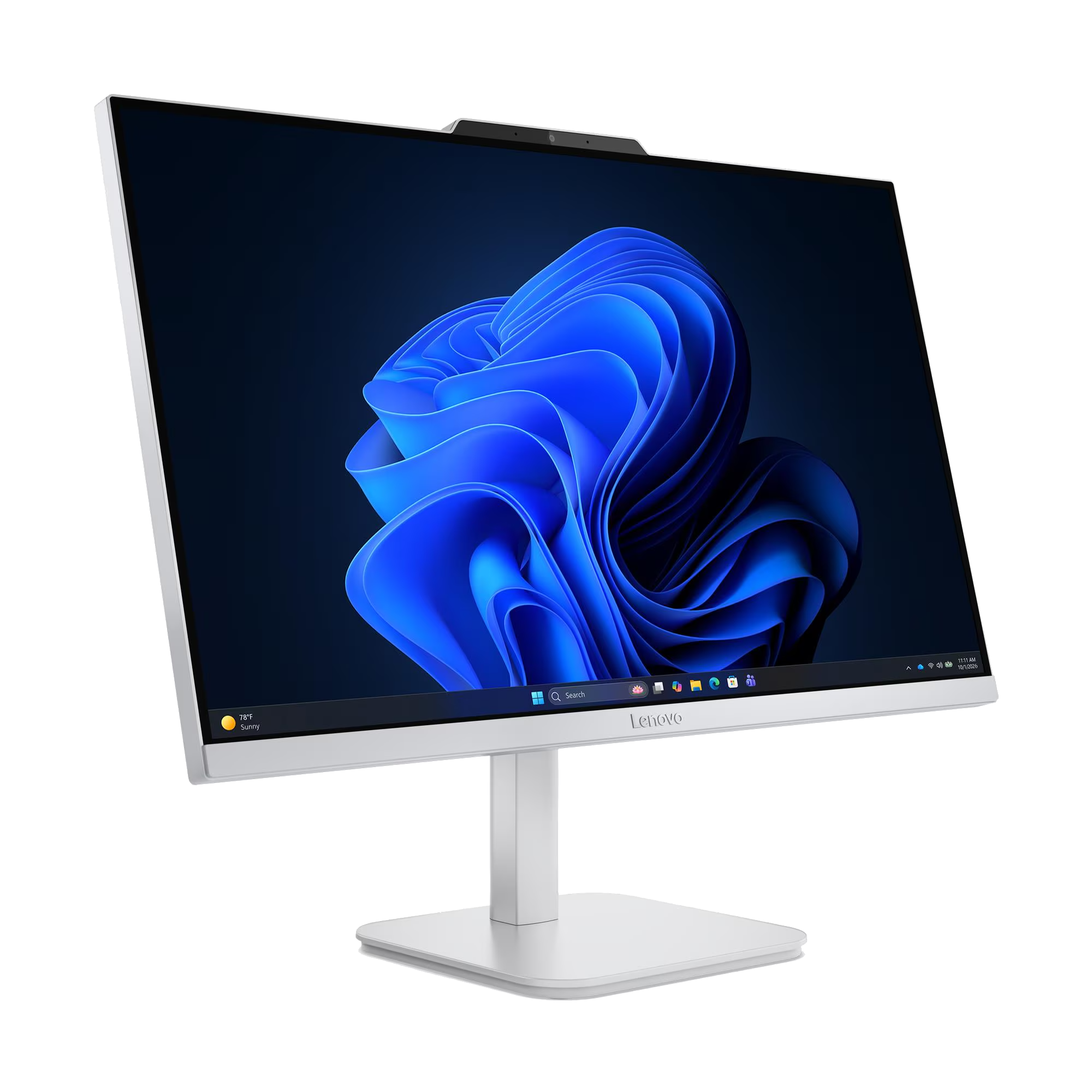 Un PC todo en uno Lenovo blanco muestra un fondo de pantalla abstracto azul con barra de tareas.