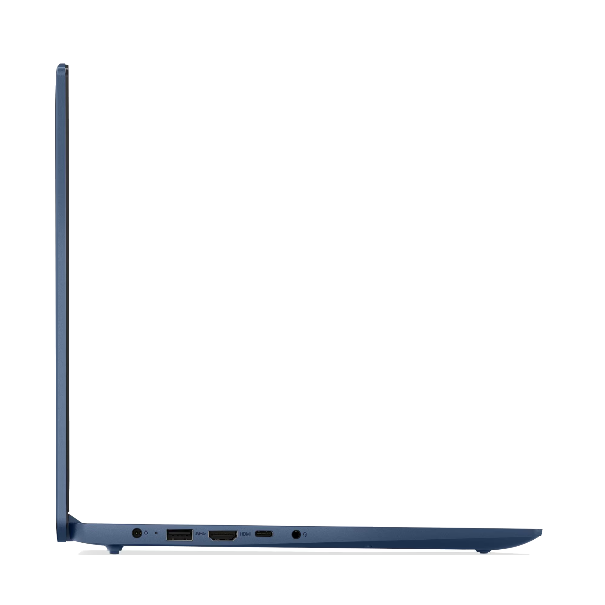 Lado de portátil azul con puertos: alimentación, USB, HDMI, auriculares.