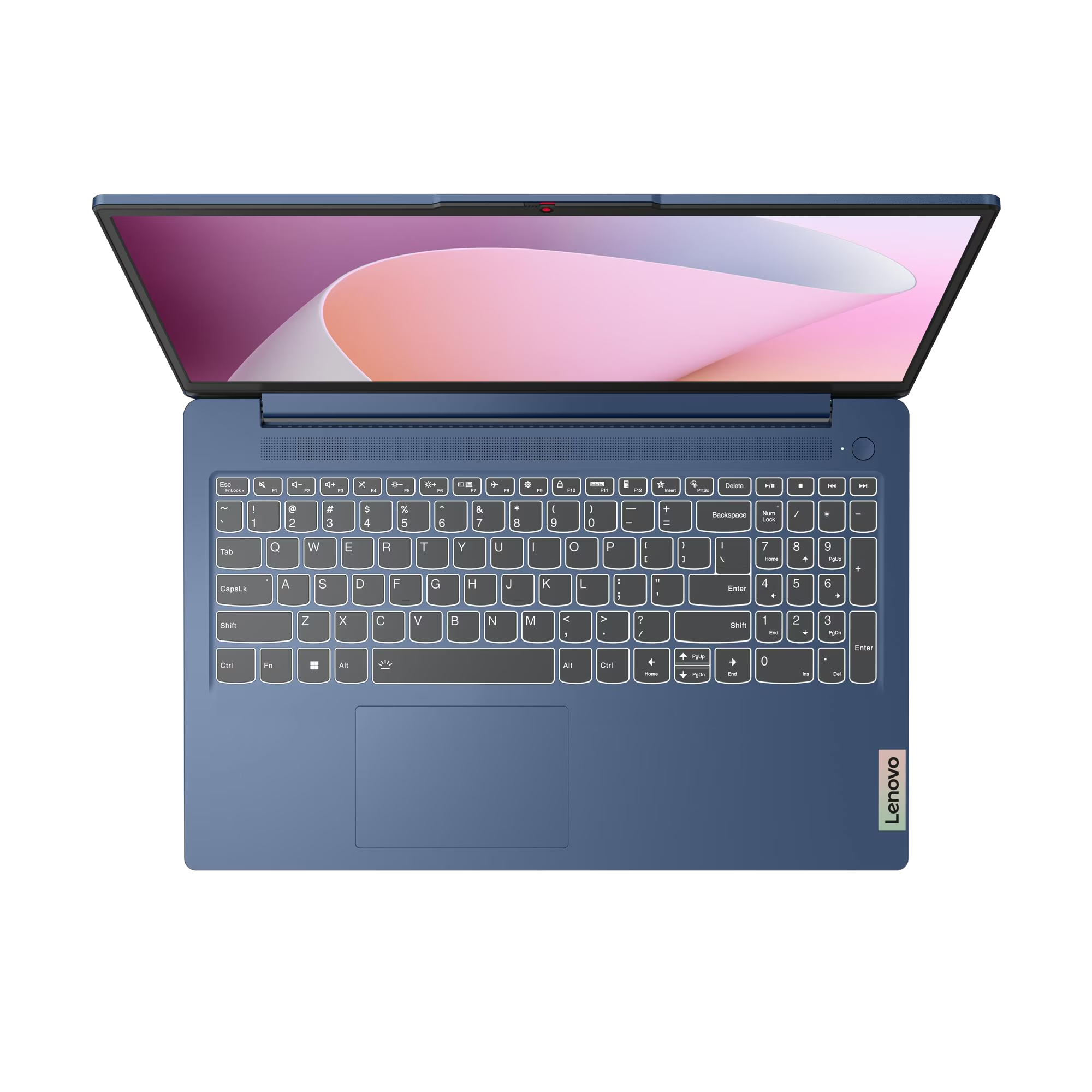 Portátil azul con pantalla abierta, teclado y touchpad.