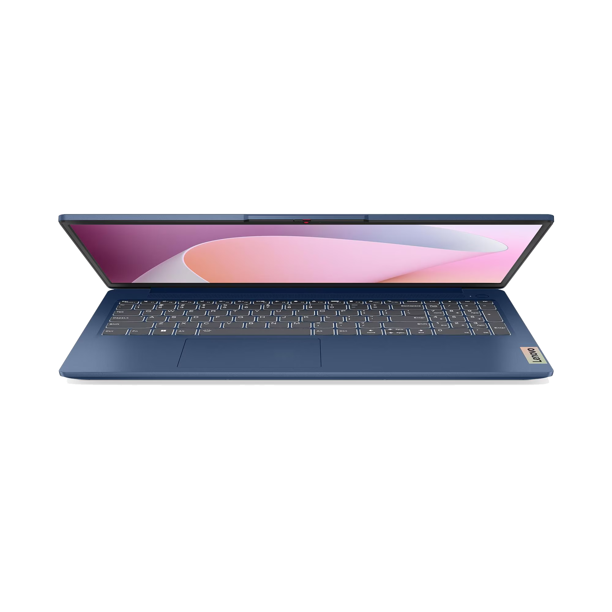Un portátil azul abierto con teclado retroiluminado y fondo de pantalla rosa.