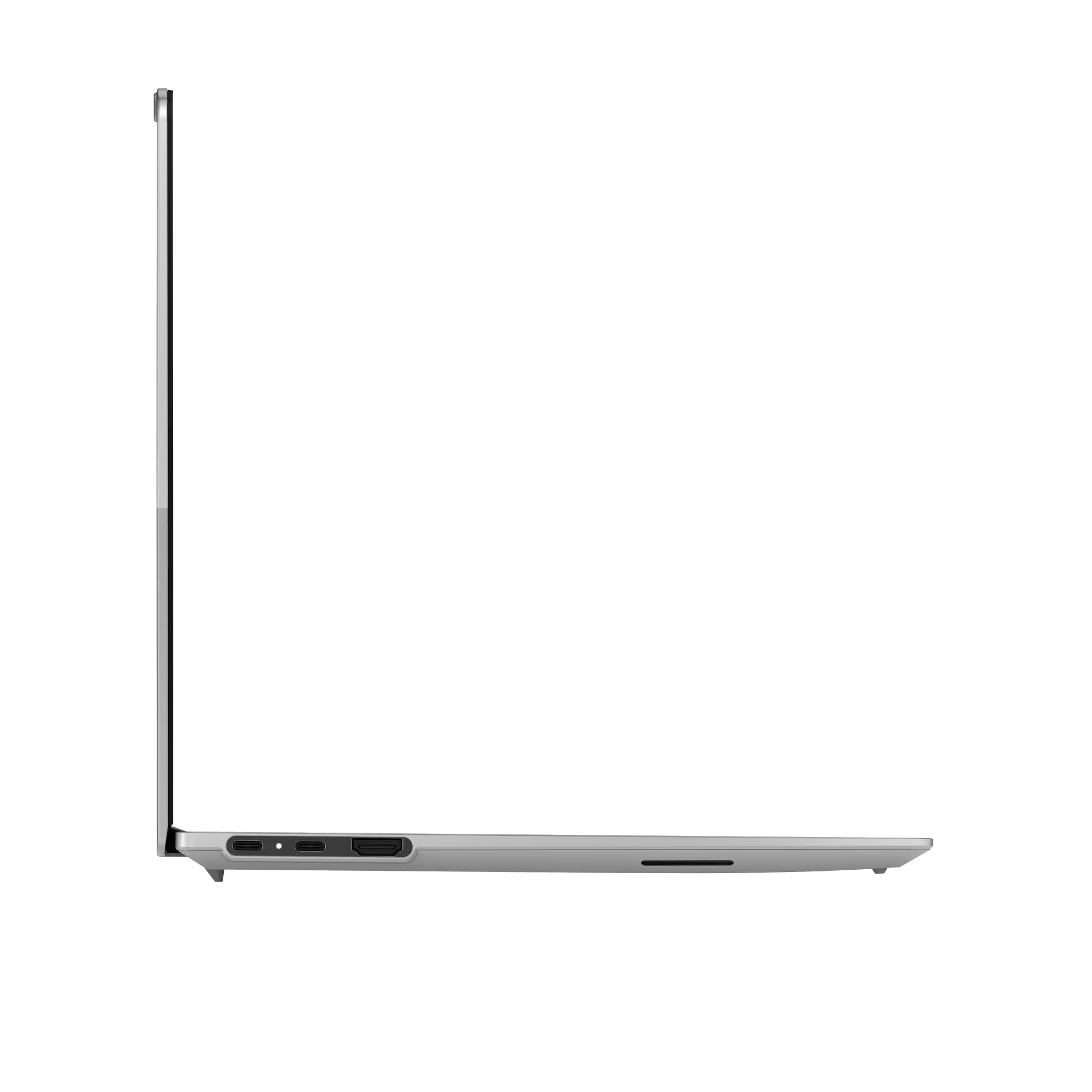 Vista lateral de portátil plateado mostrando puertos como USB-C y HDMI.