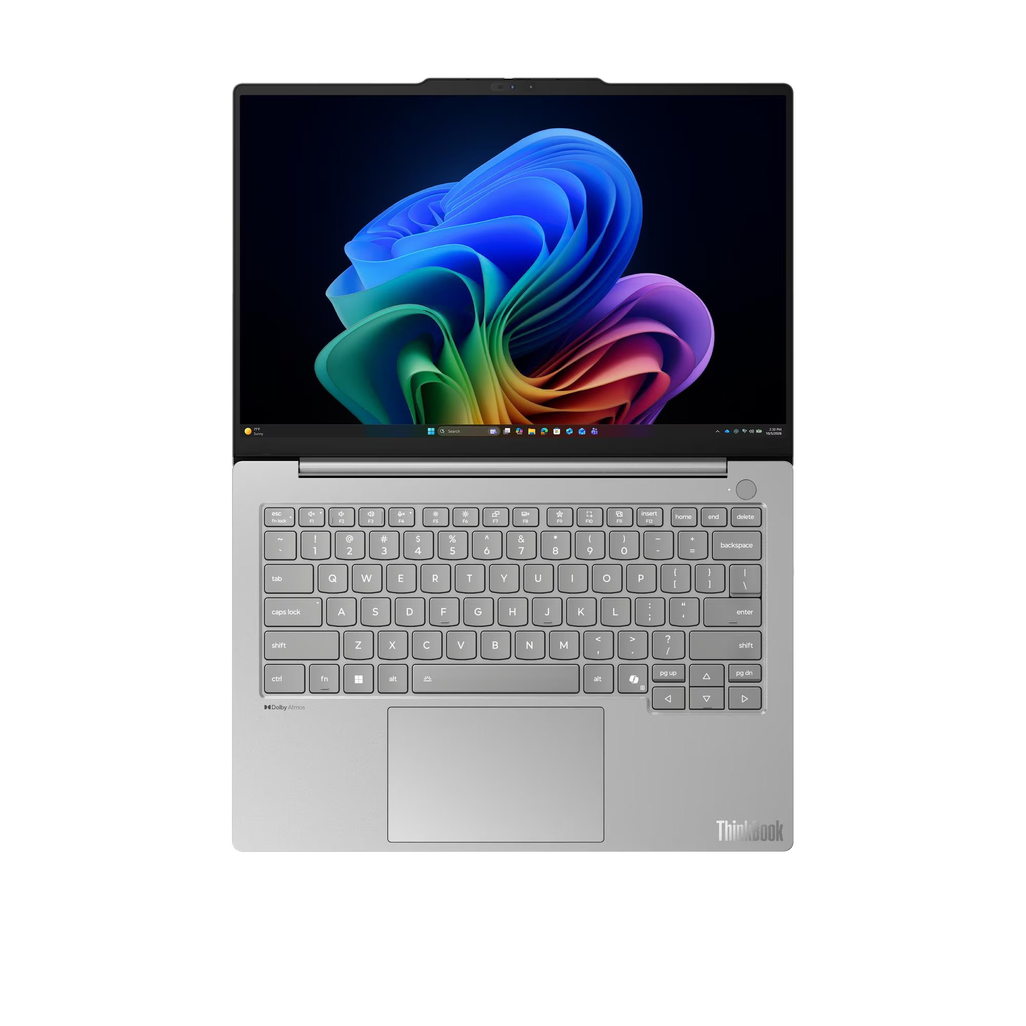Un portátil ThinkBook plateado abierto que muestra un fondo de escritorio colorido.