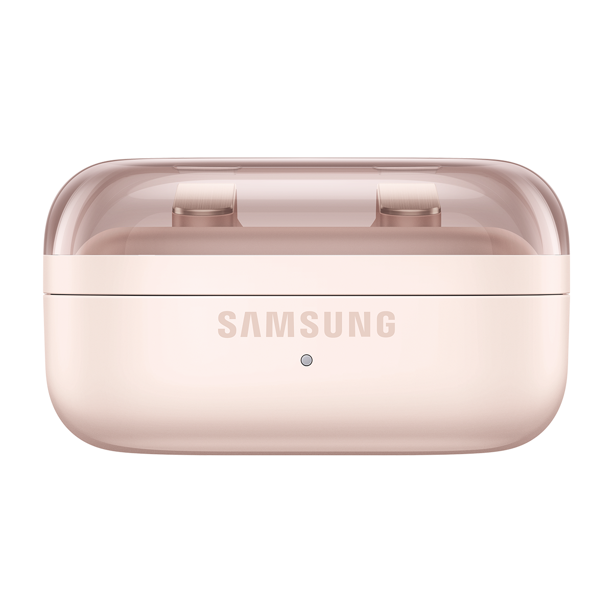 Şeffaf kapaklı pembe Samsung kulaklık şarj kutusu.