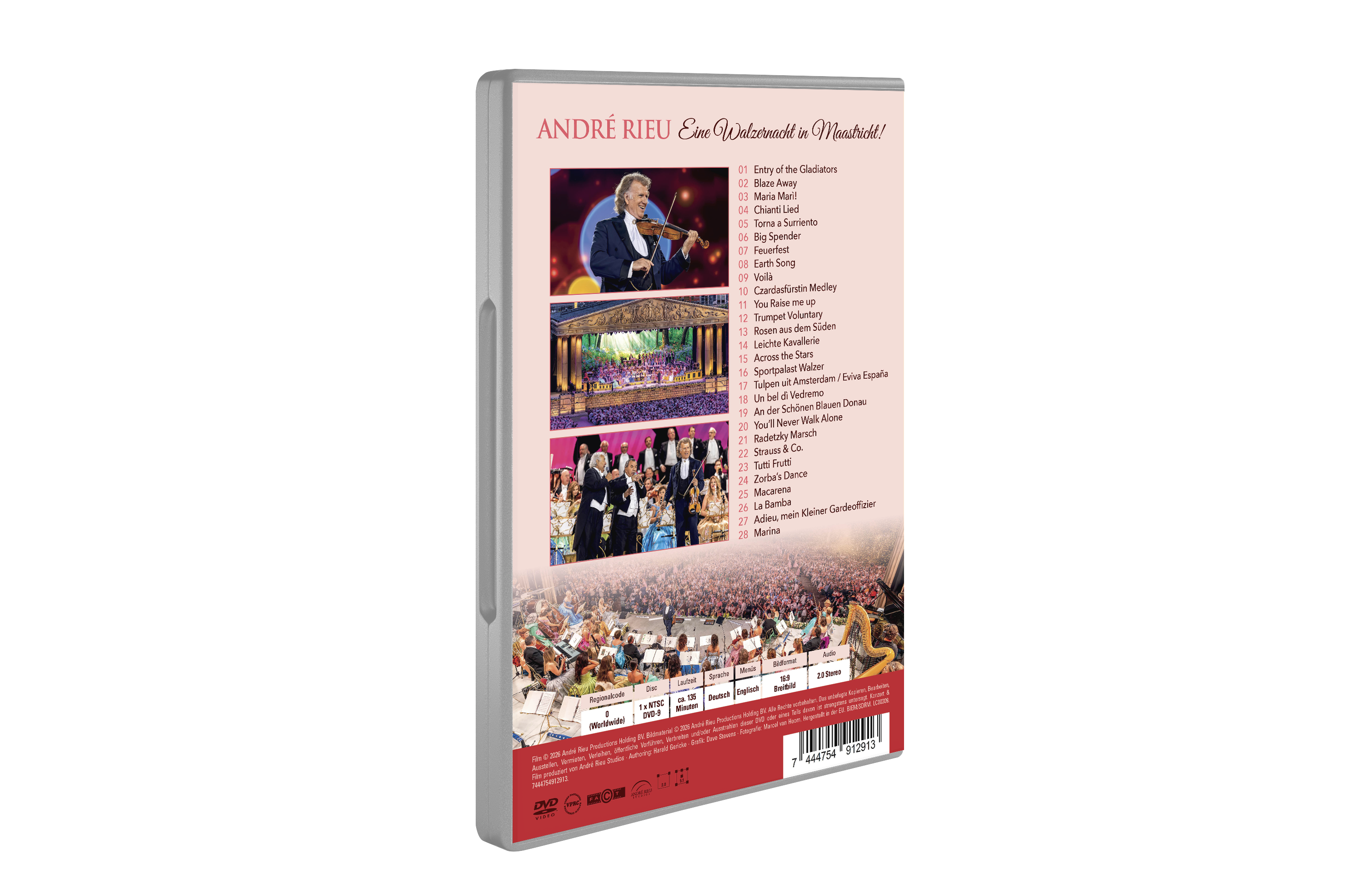 DVD-Hülle mit André Rieu, Konzertbildern und Titelliste.