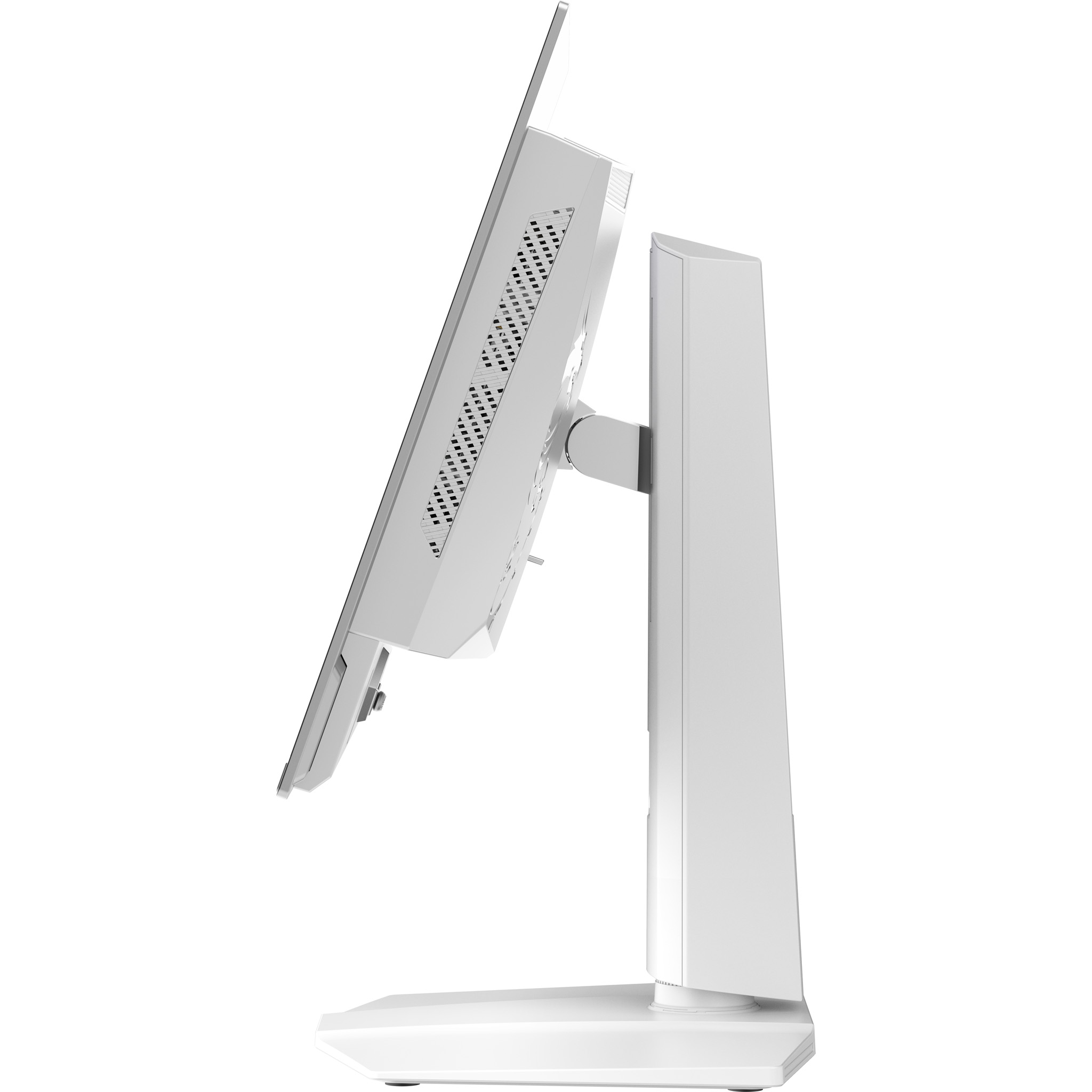 Ein weißer Computermonitor, von der Seite gesehen, mit verstellbarem Ständer.