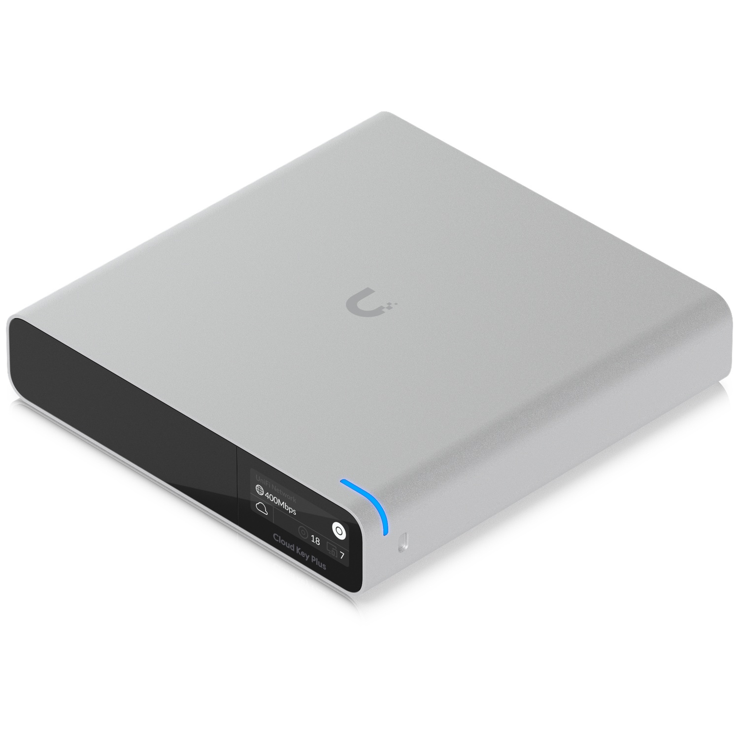 Un appareil Cloud Key Plus argenté avec un petit écran et une LED bleue.
