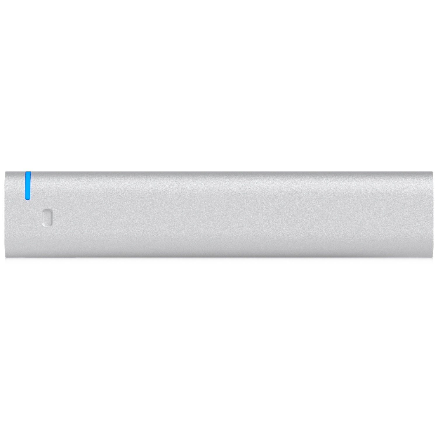 Un disque externe argenté avec une lumière bleue sur son côté gauche.