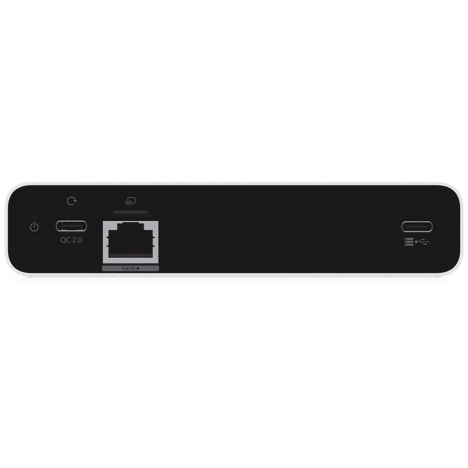 Un appareil blanc montrant des ports : alimentation, USB-C, Ethernet, fente pour carte SD et USB-A.