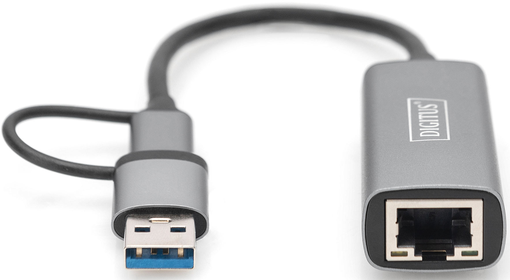 Grauer USB-auf-Ethernet-Adapter mit blauem USB 3.0-Anschluss.