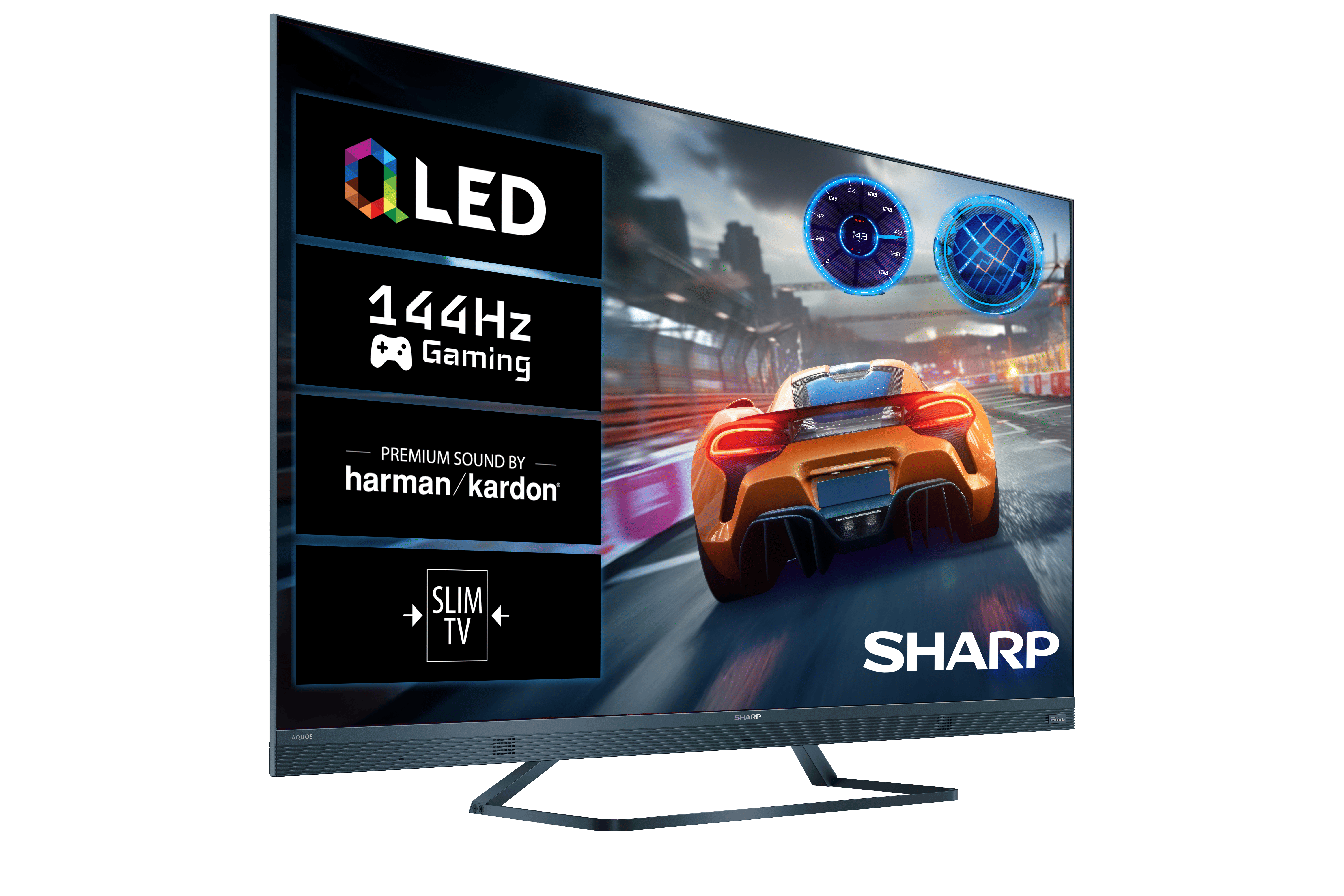 Nowoczesny telewizor Sharp OLED wyświetlający grę wyścigową z samochodem sportowym.