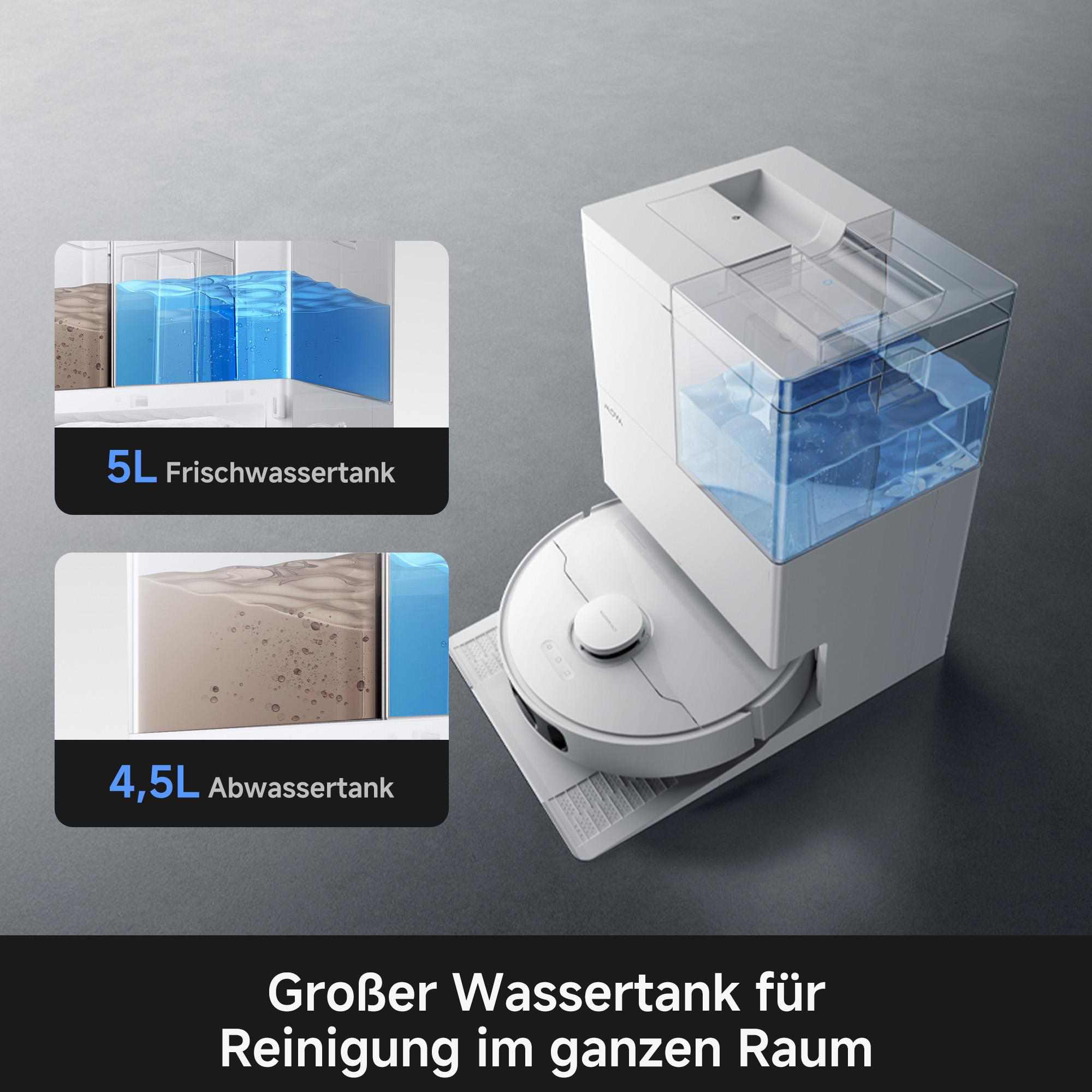 Roboterstaubsauger mit großer Station, 5L Frischwasser- und 4,5L Abwassertank.