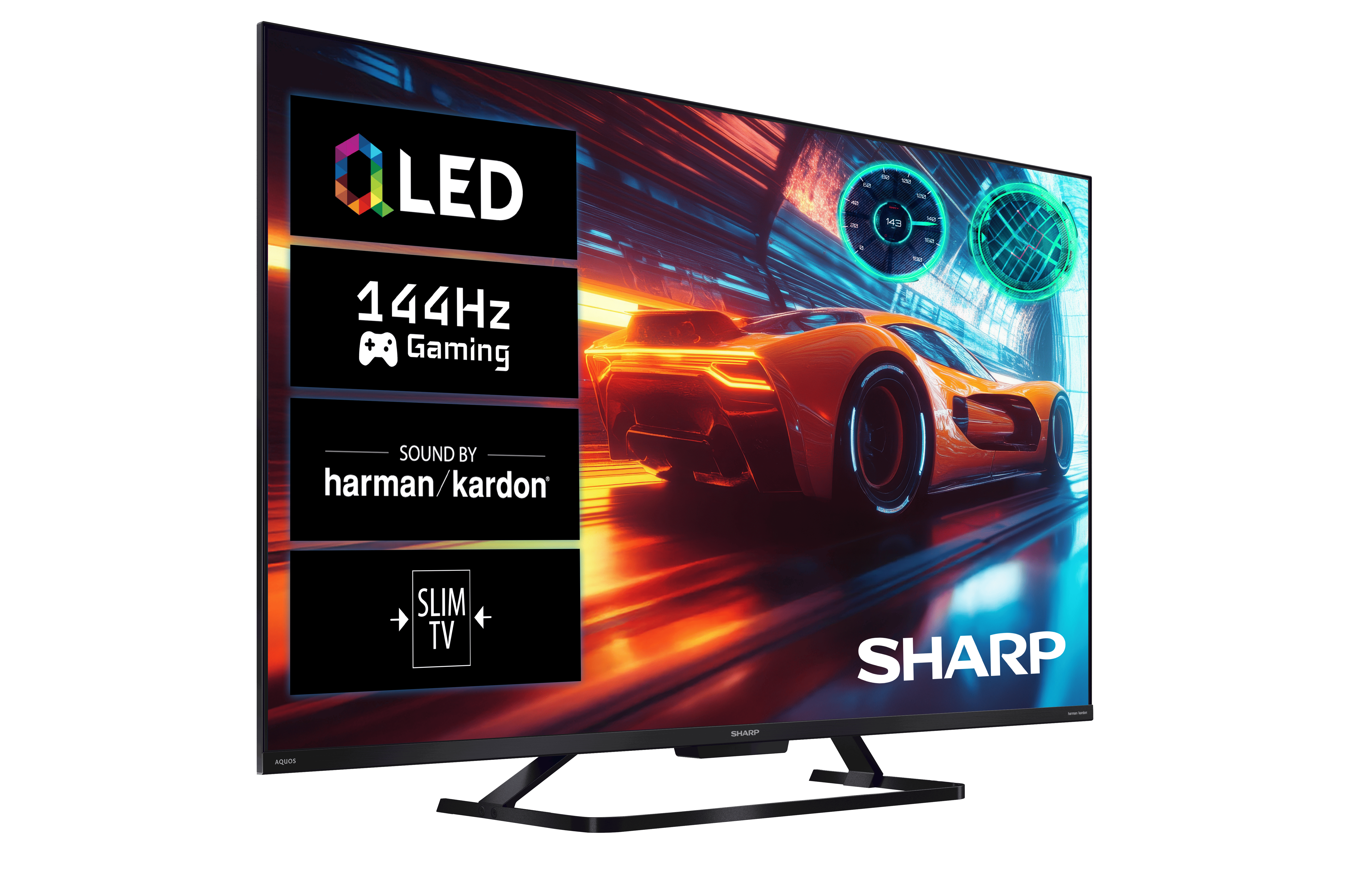 Telewizor Sharp OLED wyświetla grę wyścigową z pomarańczowym samochodem i prędkościomierzami.