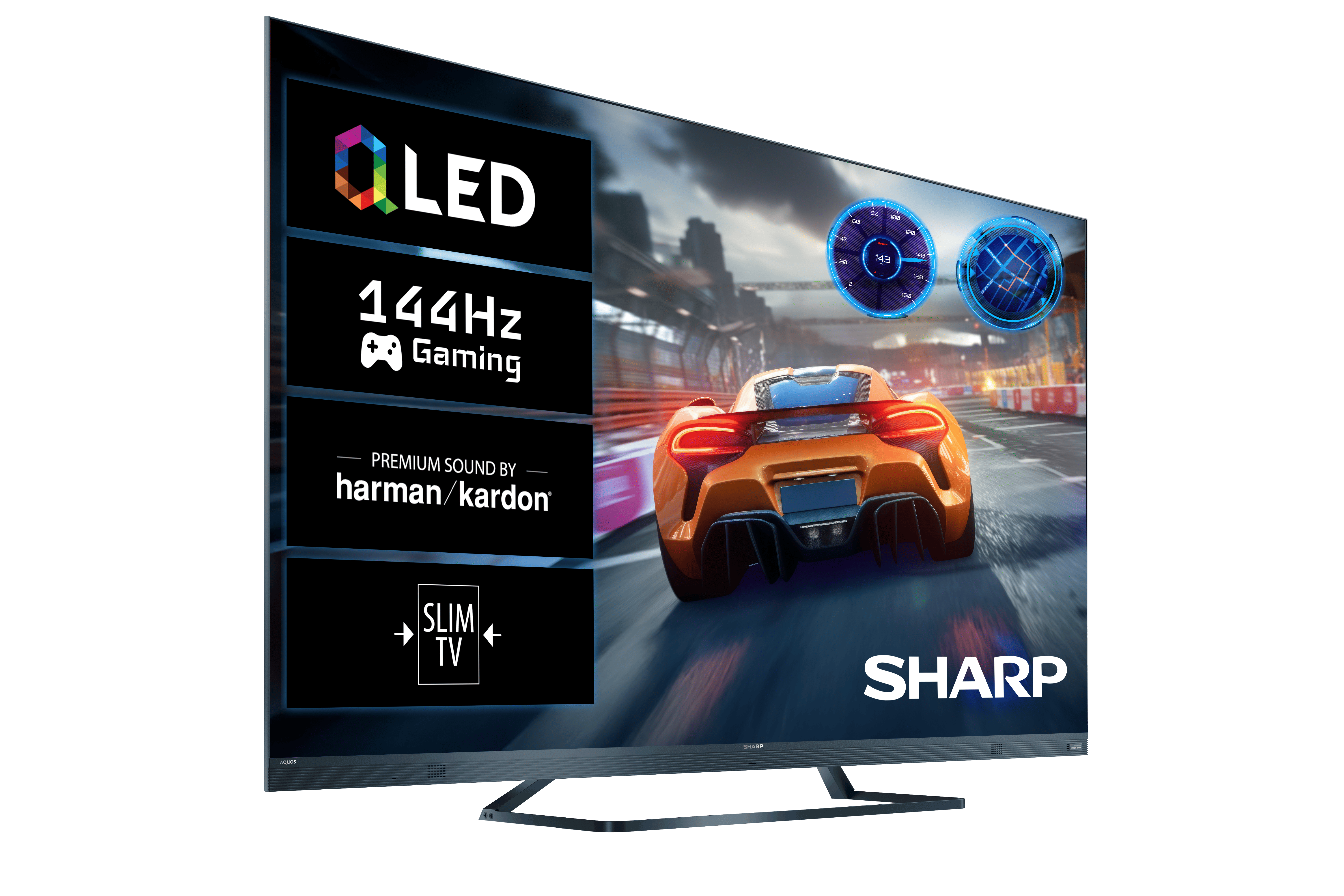 Telewizor Sharp QLED wyświetlający grę wyścigową. Funkcje: 144Hz, dźwięk Harman Kardon.