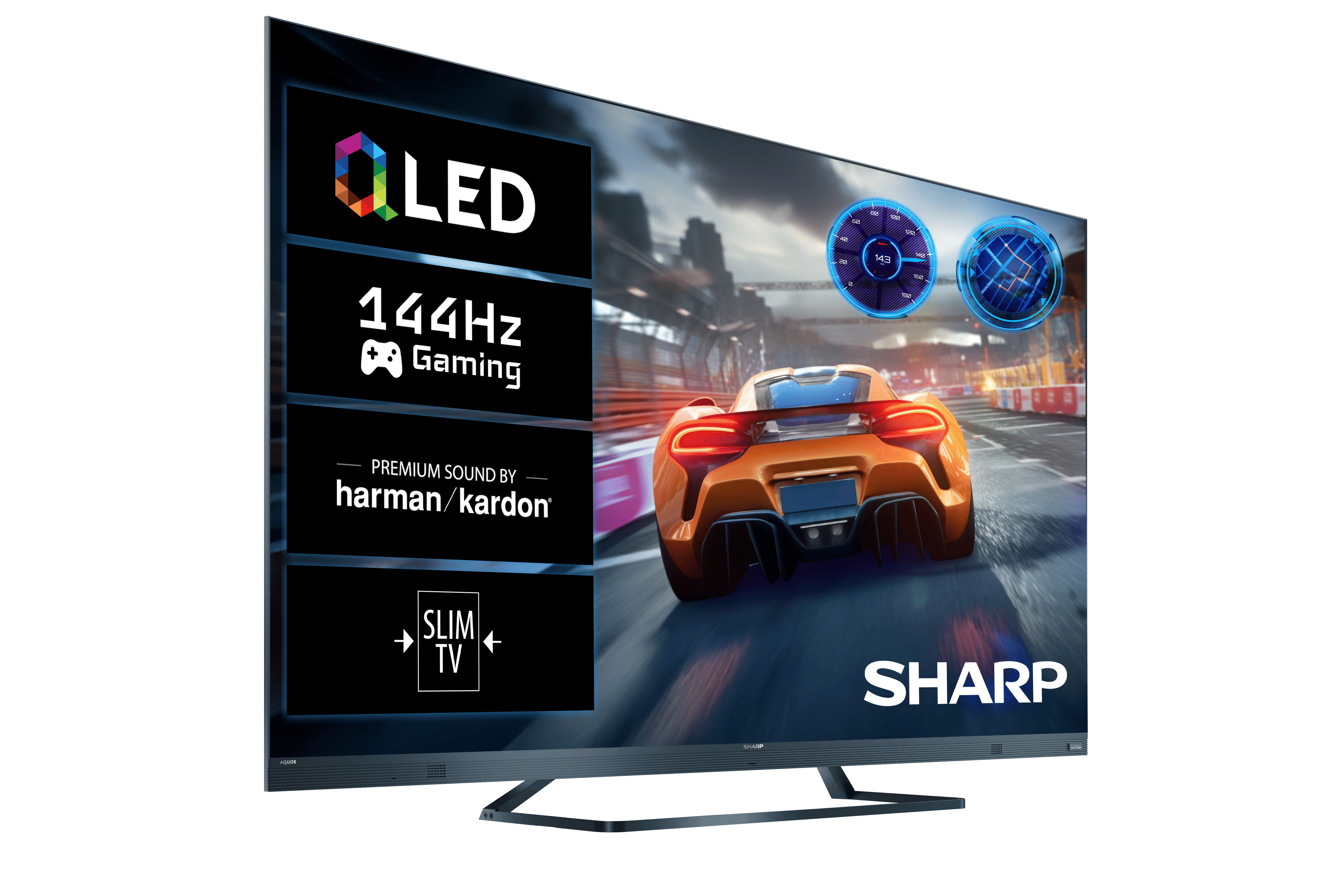 Pomarańczowy samochód wyścigowy na torze. Ekran pokazuje OLED, 144Hz Gaming.