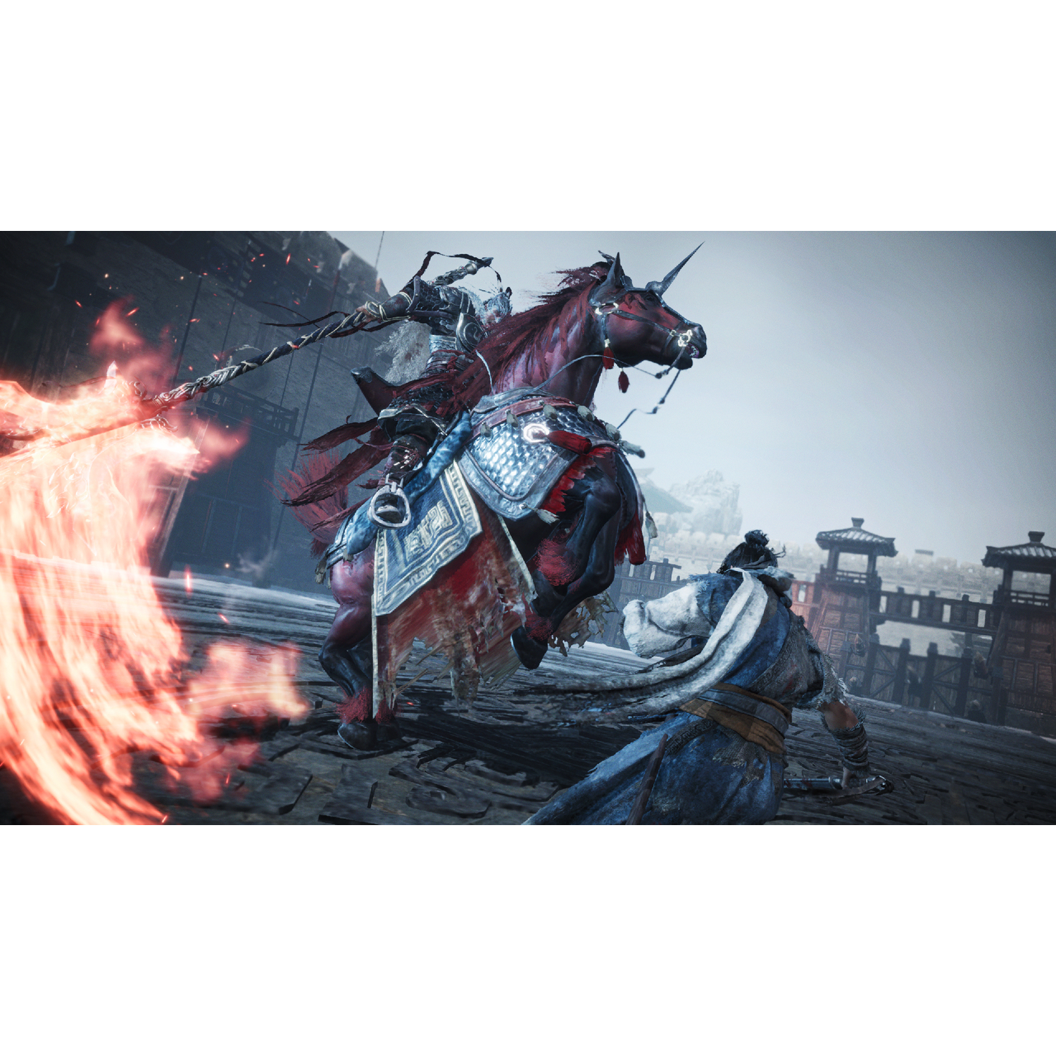Warrior on red horse with armor fights warrior in blue robes. Fire erupts.