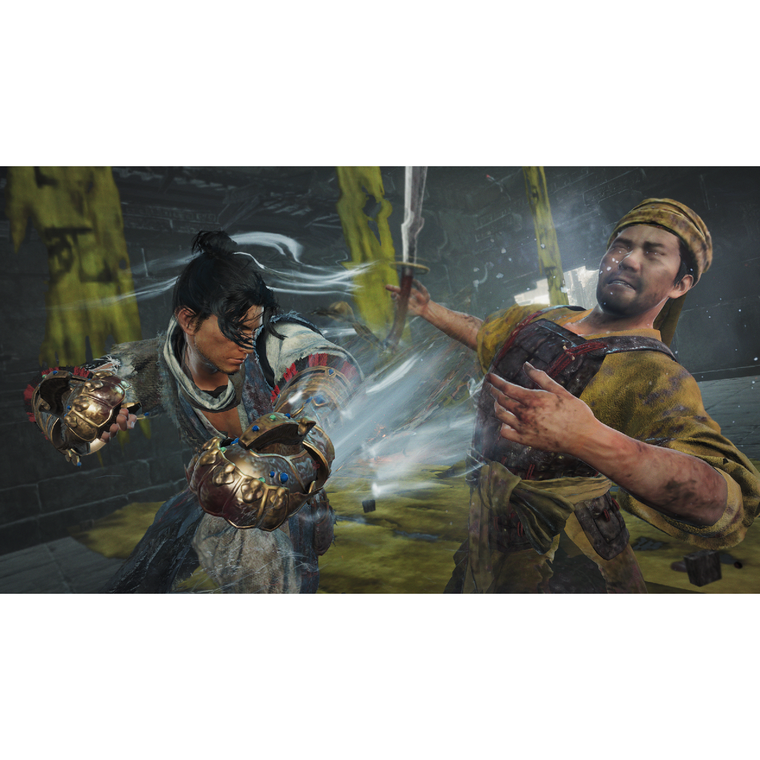 A man in golden gauntlets punches a man wearing yellow attire.