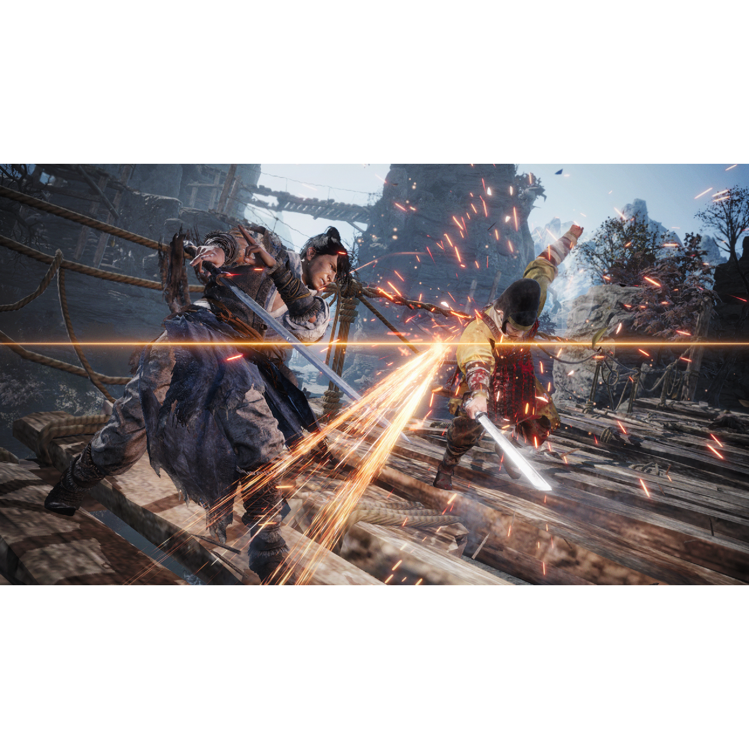 Two warriors fight with swords on a wooden bridge. Sparks fly.