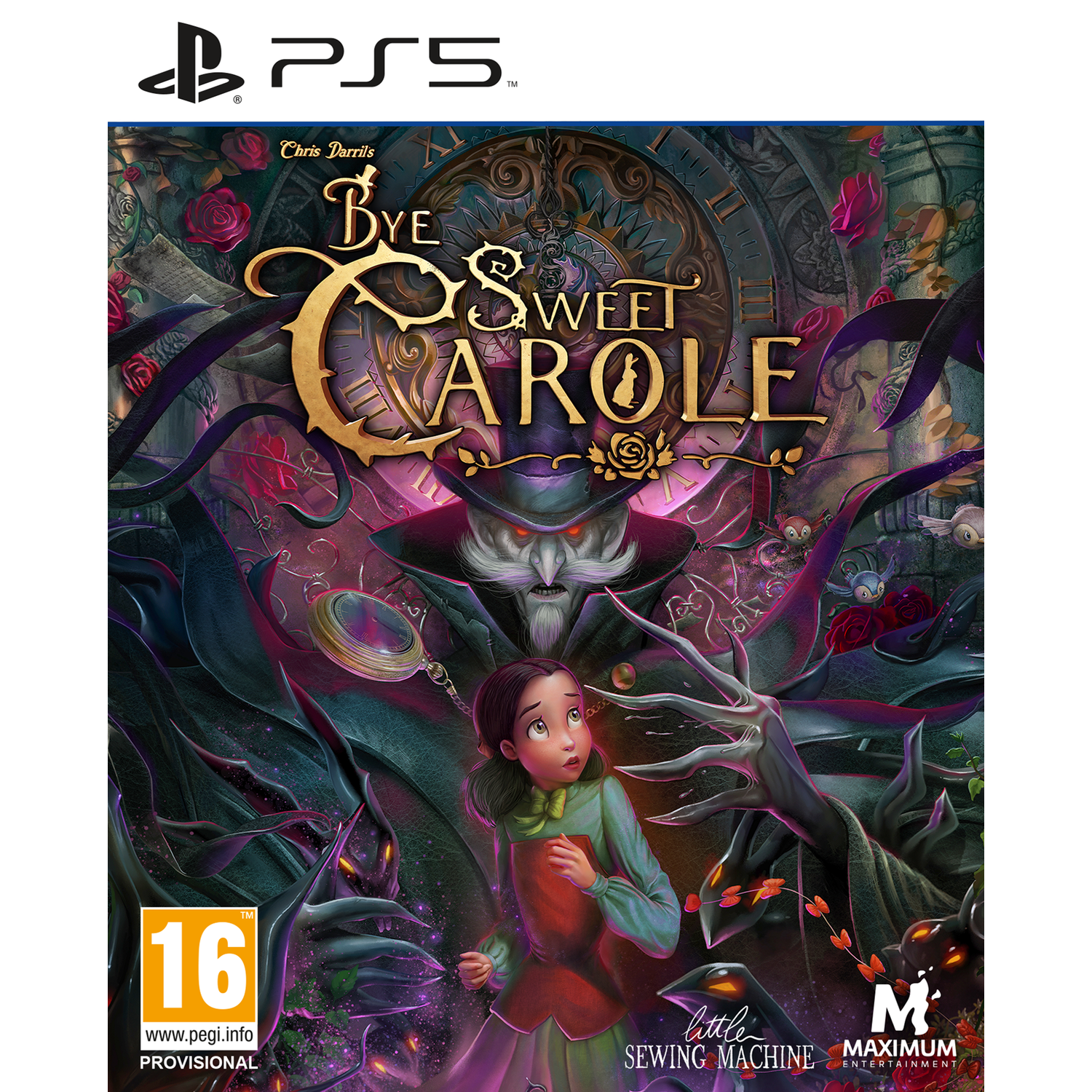 Gamecover: Meisje tegenover schaduwfiguren bij klok. PS5-logo en leeftijdsindicatie.