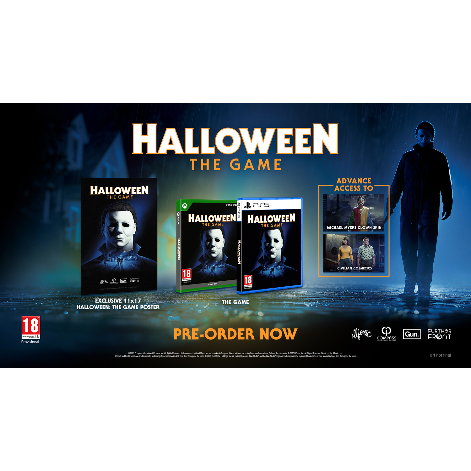 Michael Myers uit Halloween: The Game met spelcases en cover art.