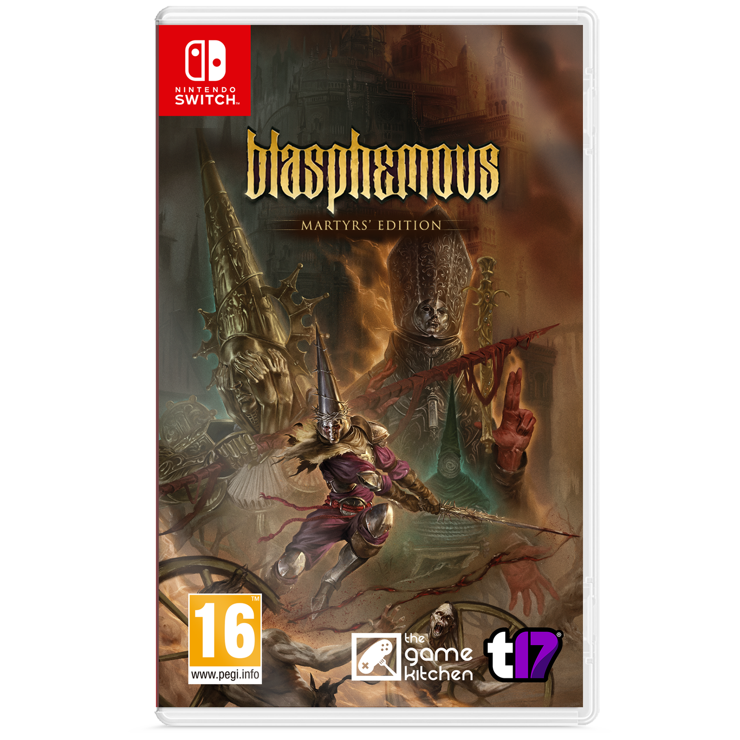 Nintendo Switch game cover: Blasphemous Martyrs' Edition with monk and tower.