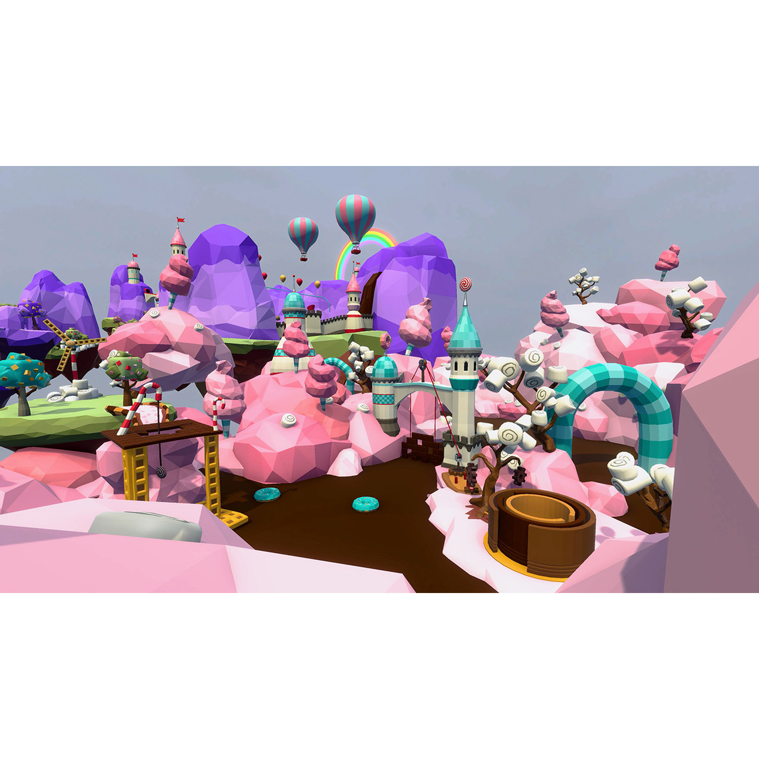 A candy-themed fantasy world with castles, balloons, and candy canes.