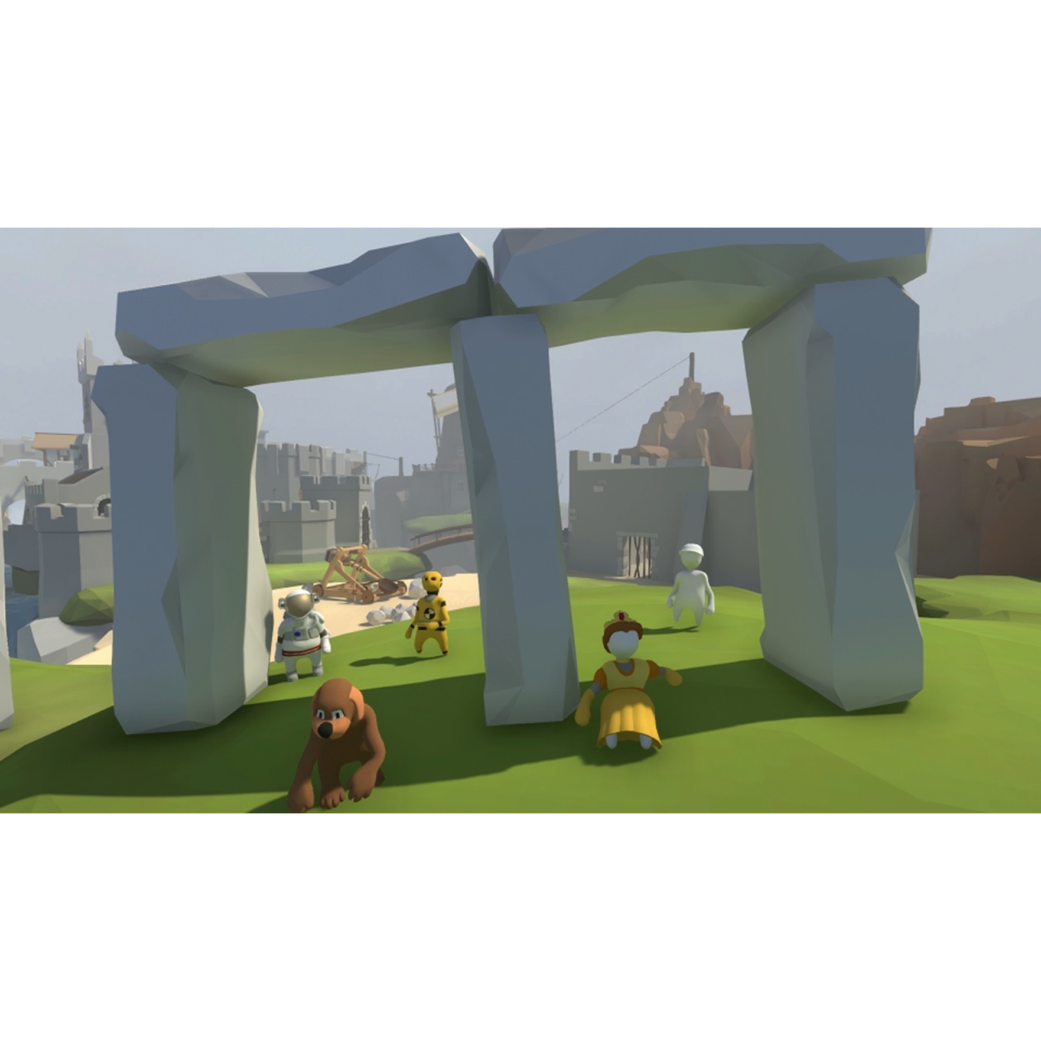 Low-poly figures with a dog under a stone archway in front of a castle.