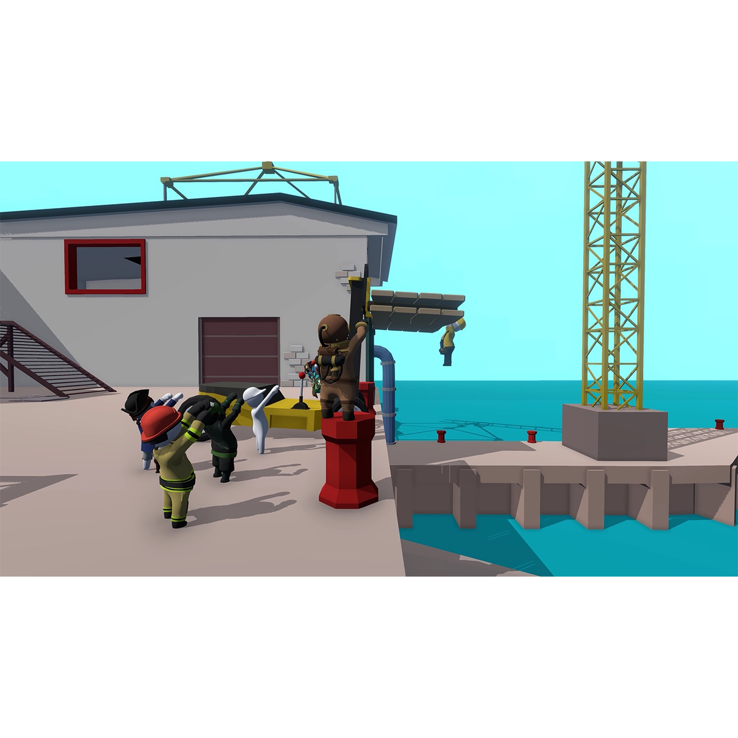 Figures on a dock with a crane, building, and the sea.