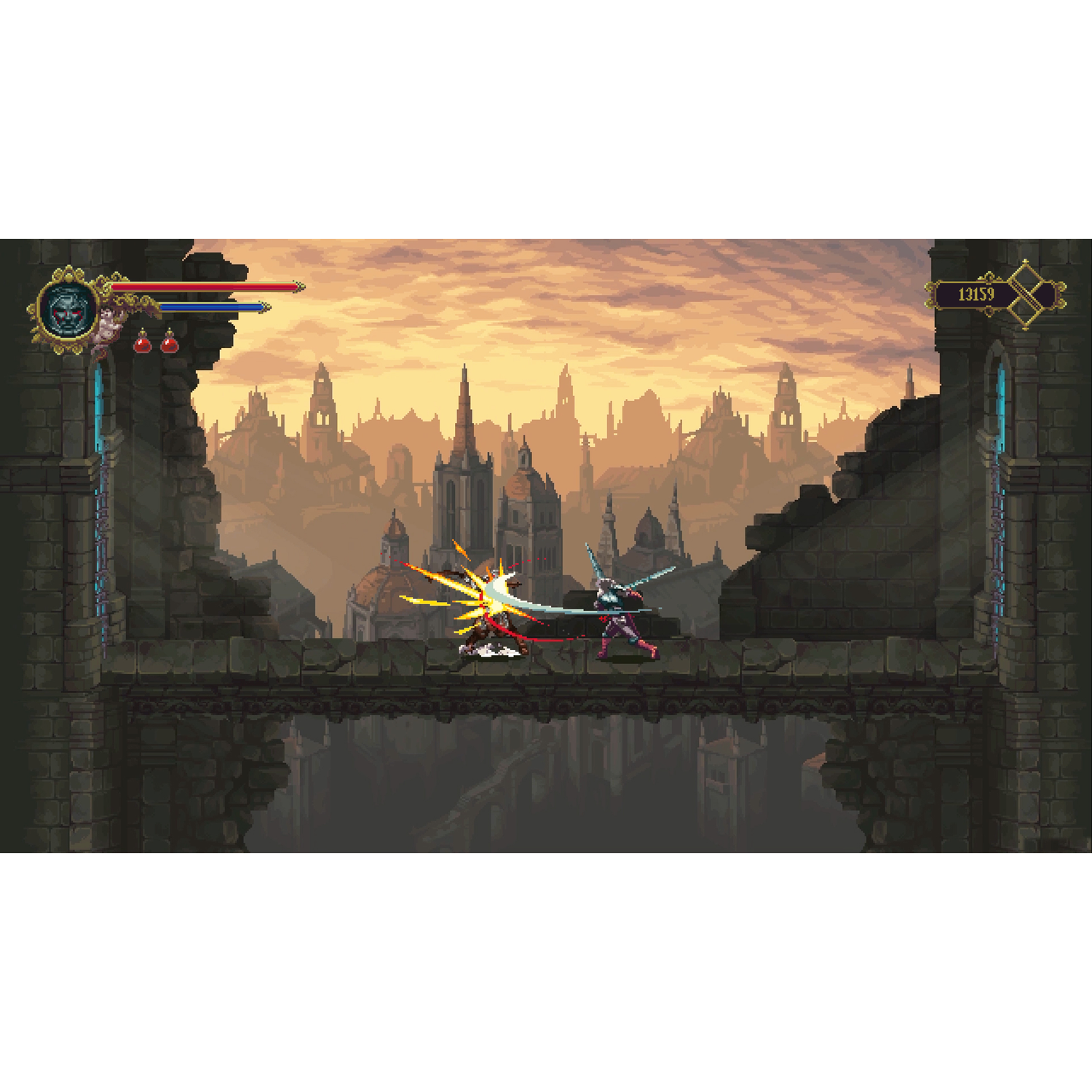 Two characters fight on a bridge before a city skyline at sunset.