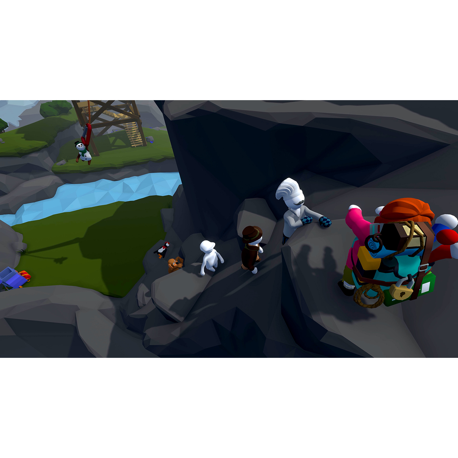 Snowman hangs on rope, figures on rocks, river, tower.