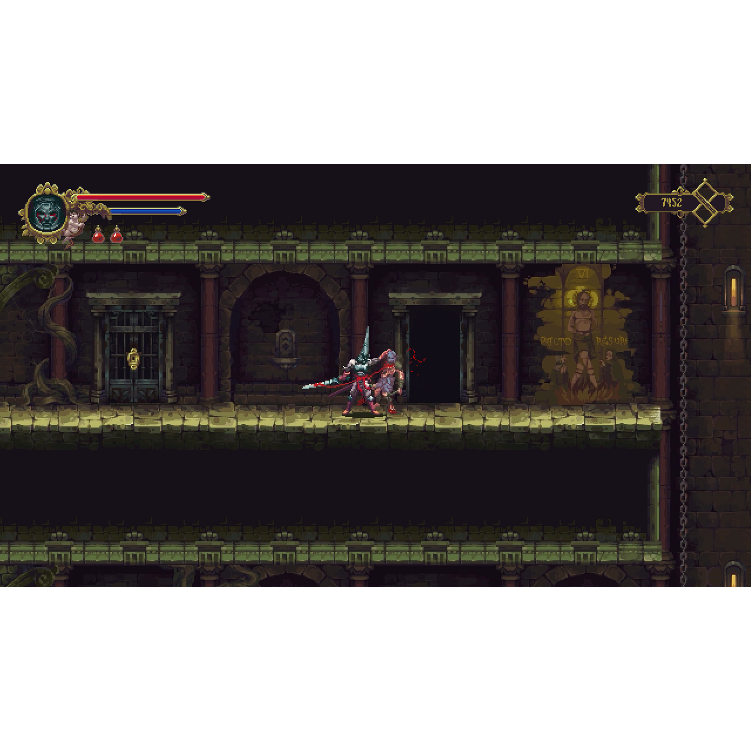 Pixel art of an armored character standing in a dark, stone hall with columns and a gate.