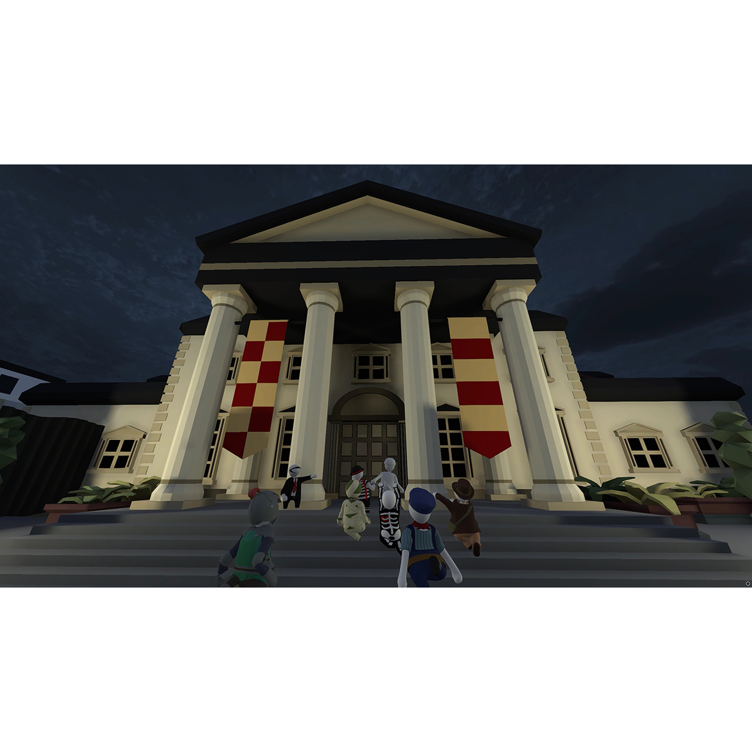 People run towards a white villa with columns, decorated with red and yellow banners.