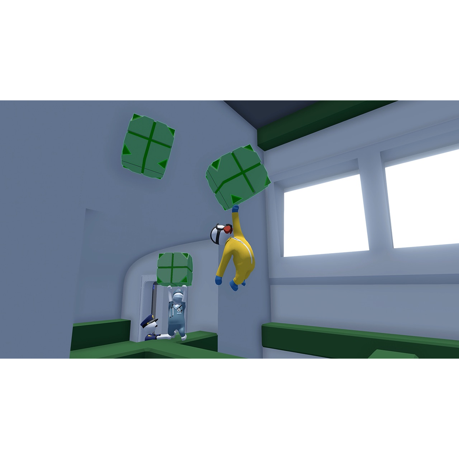 Two characters in a minimalist room, one yellow, one blue, lifting green cubes.