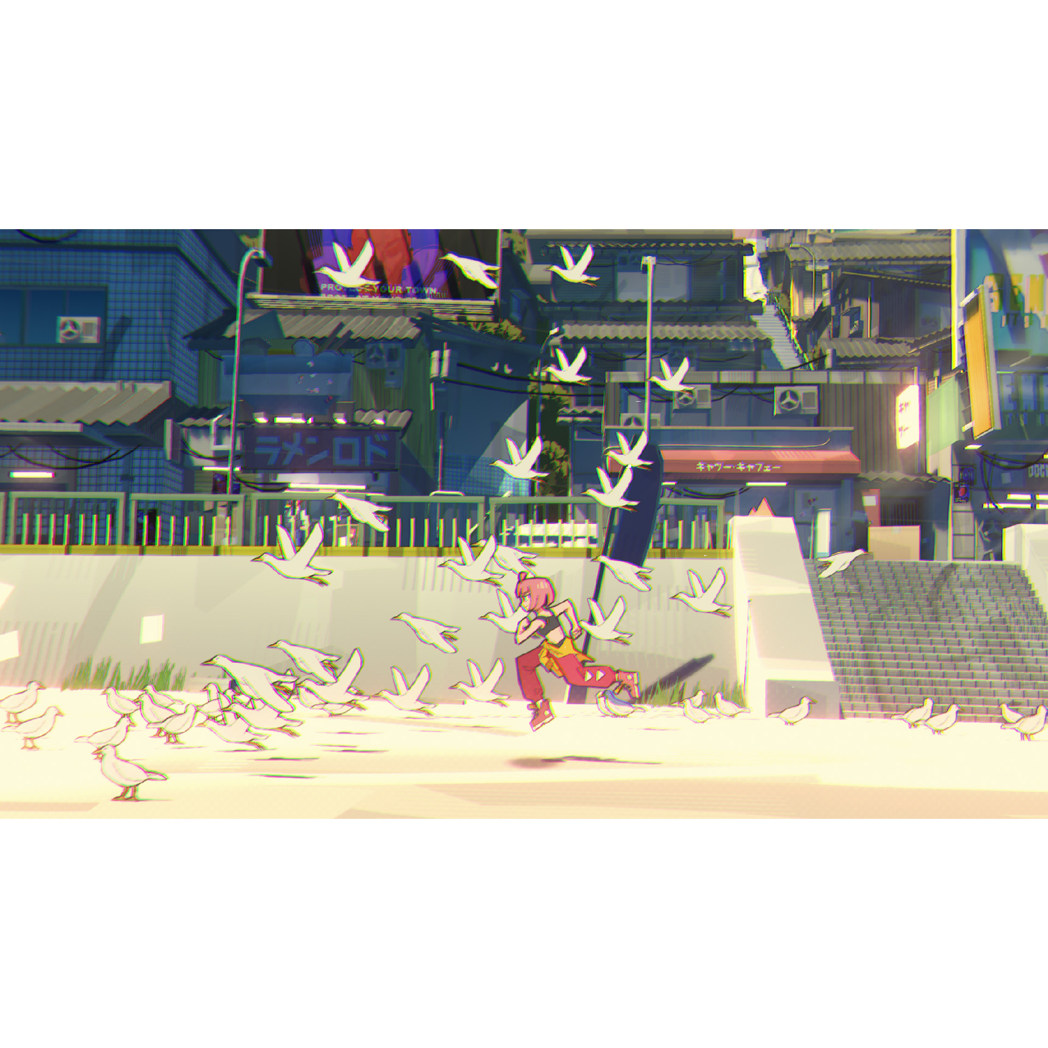An anime girl runs amongst many pigeons in front of a city backdrop.