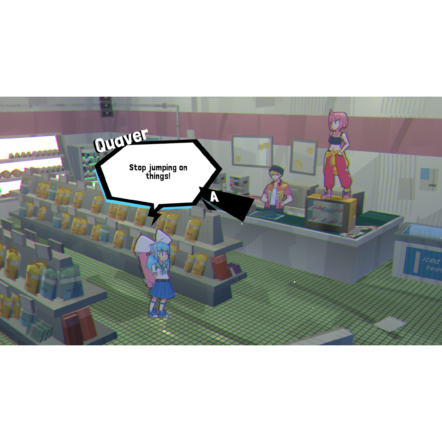Anime characters in a store, one speaks through a speech bubble.