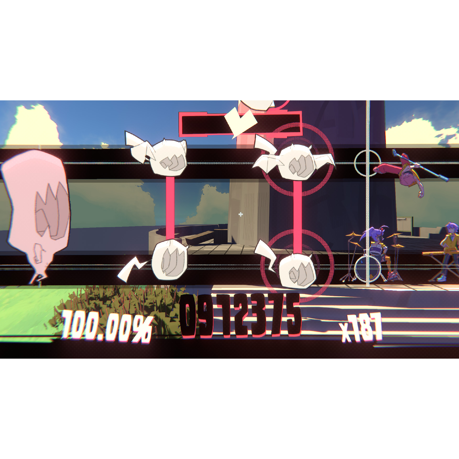 Anime characters play a rhythm game with visual cues and a score displayed.