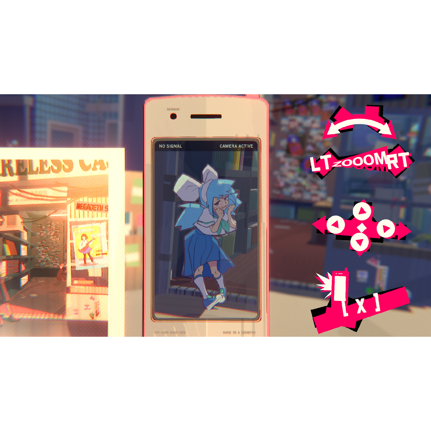 A phone shows an anime character, with game controls and a shop next to it.