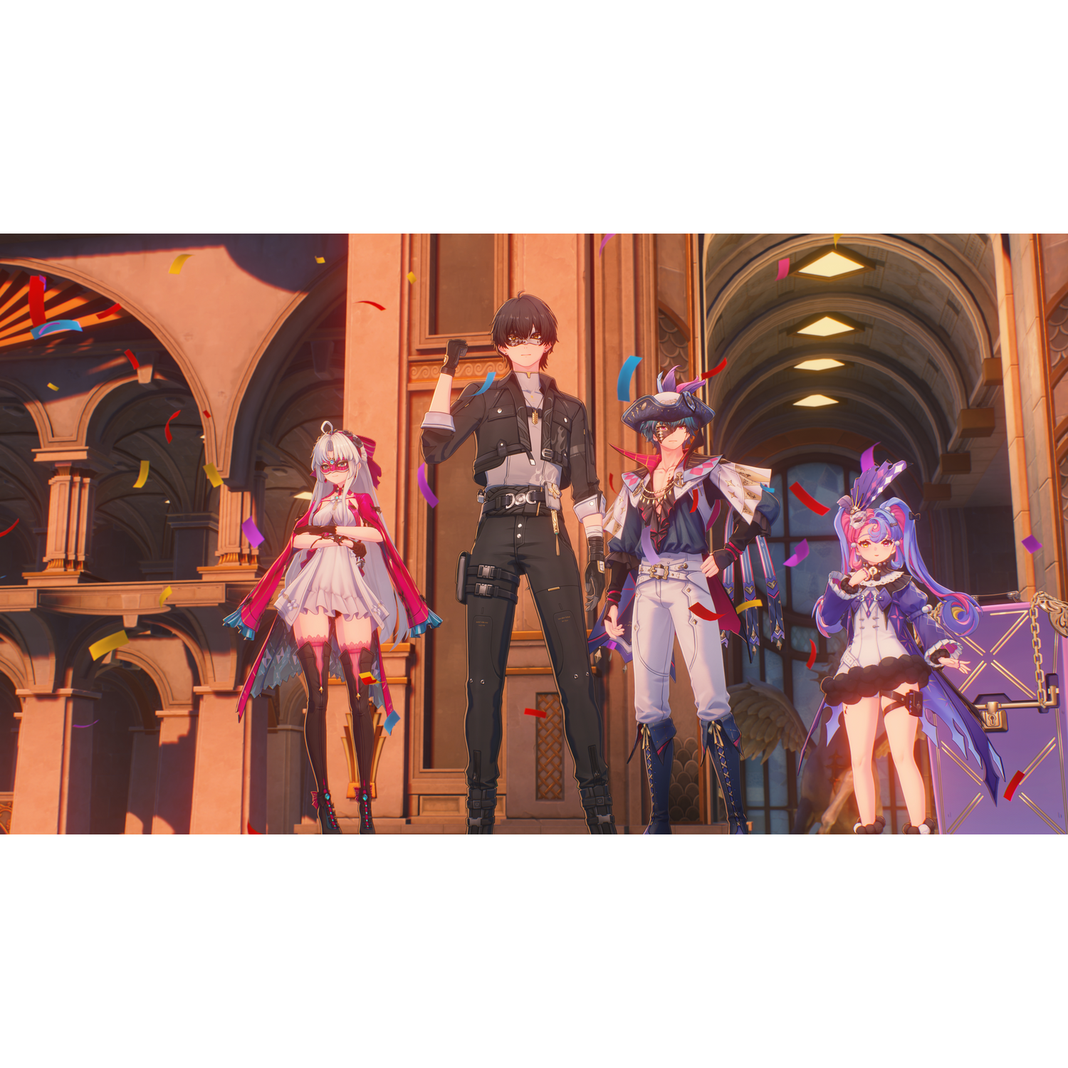 Four anime characters stand before an architectural backdrop with confetti.