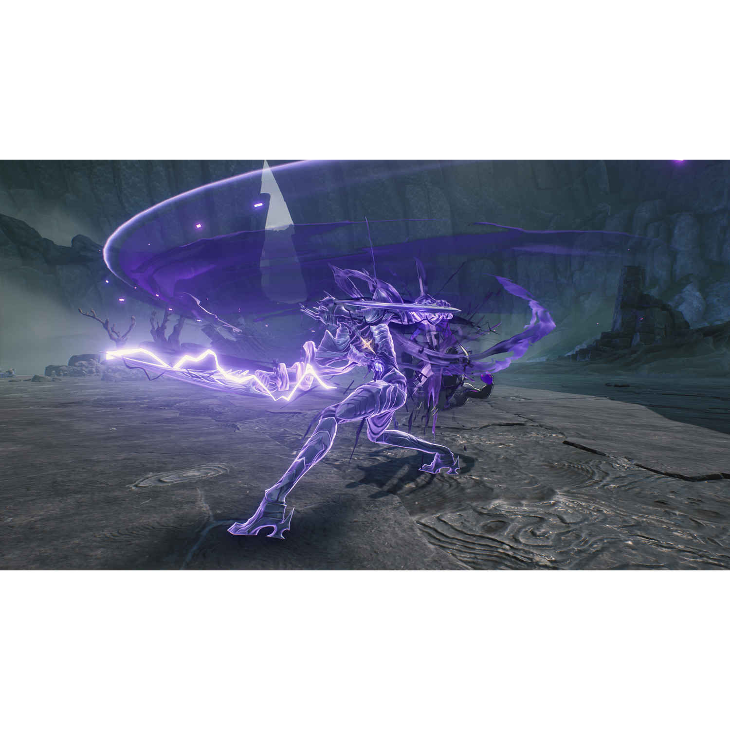 A figure surrounded by purple energy stands on rocky ground.