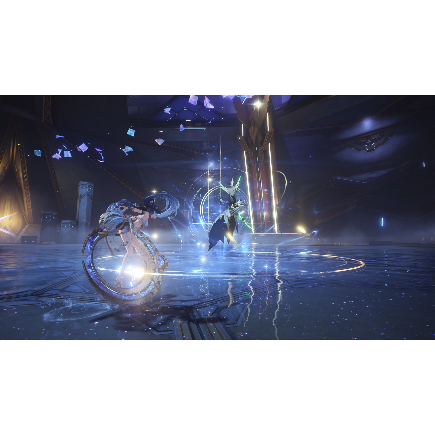 Two animated characters in a dark, futuristic arena with a reflective floor.