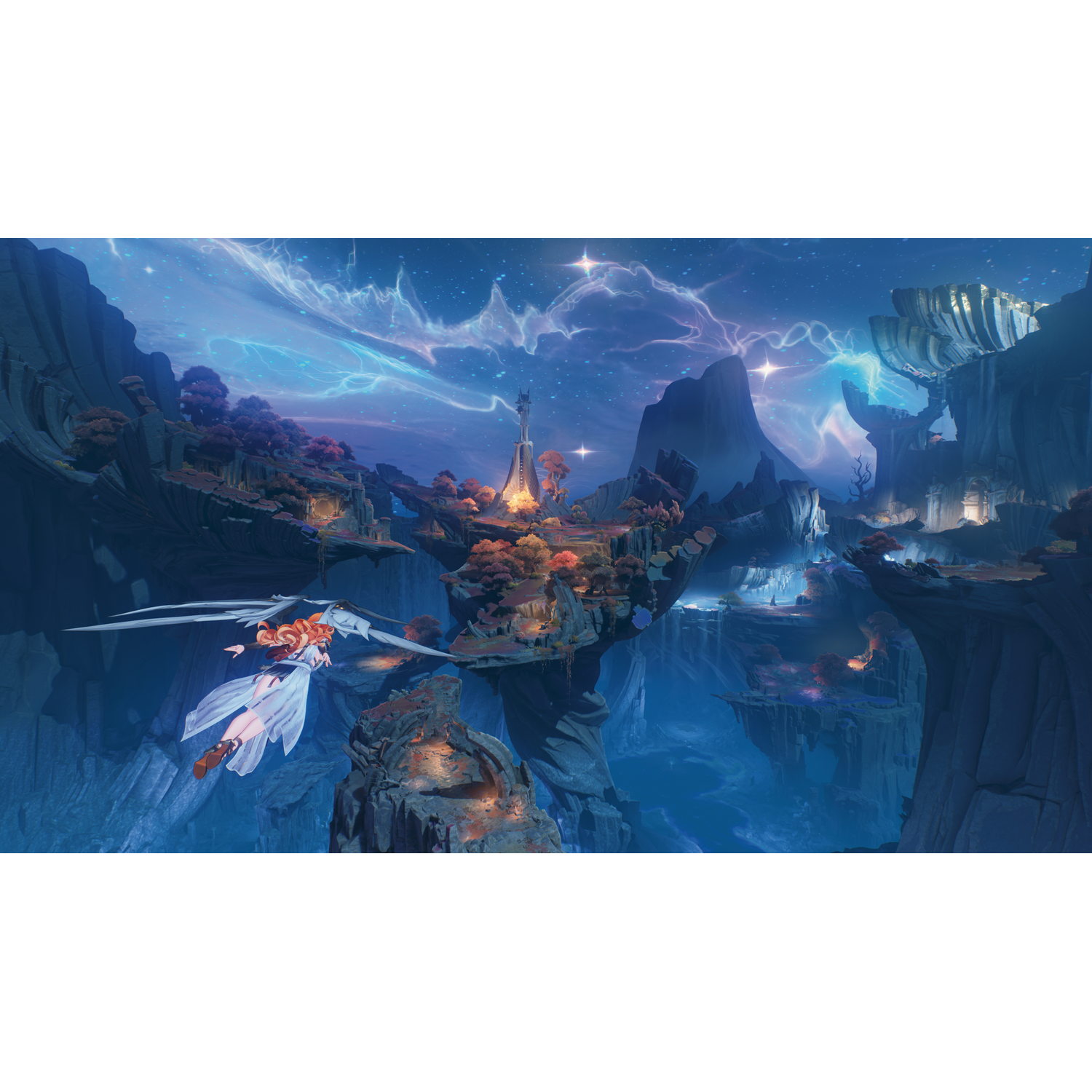 A woman with red hair flies through a mystical, glowing landscape with floating islands.