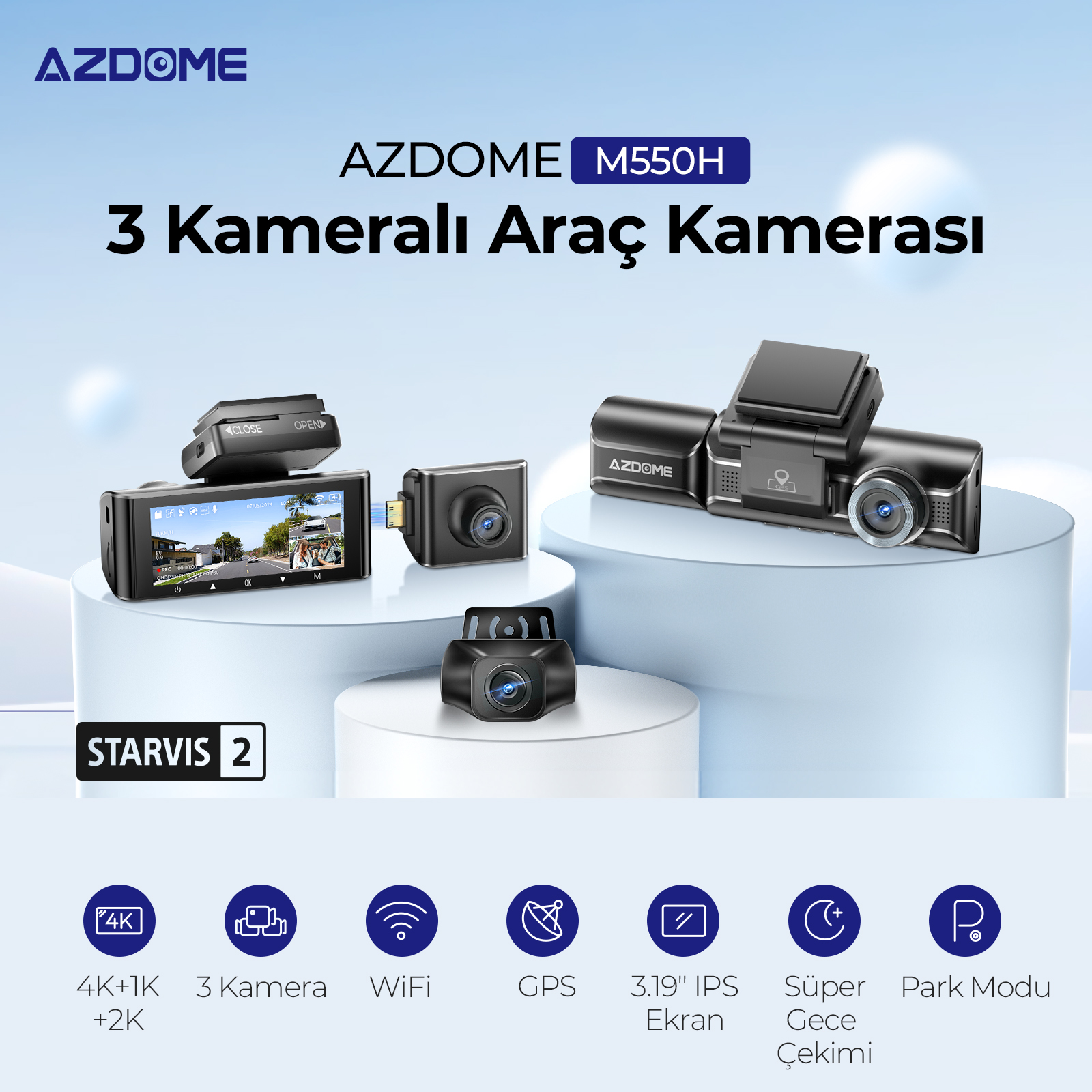 AZDOME M550H 3 kameralı araç kamerası, STARVIS 2.