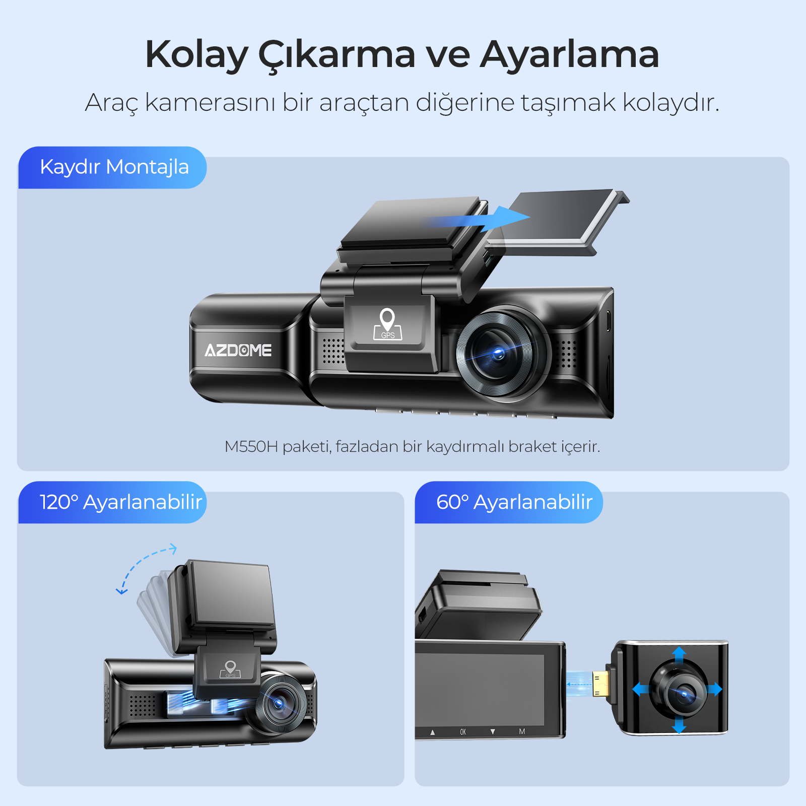 Kaydırmalı montajlı ve ayarlanabilir açılı AZDOME araç kamerası sistemi.